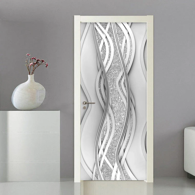 HULIANFU 2026  Modern PVC Door Sticker Self Adhesive Vinyl Silver Water Wave Pattern Waterproof Wall Sticker Home Decor Wallpaper - Deanwangkt
