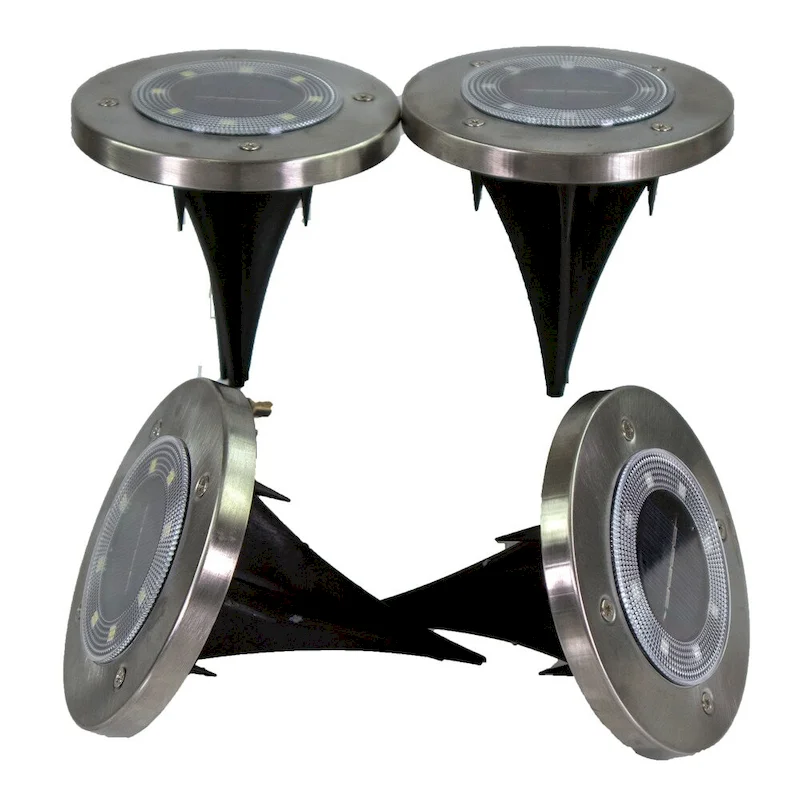 Solar Powered Disk Path Ground Lights 8 Ultra Bright LED's With Light Diffusing Lens - Outdoor/Indoor IP65 Waterproof - 4 Pack