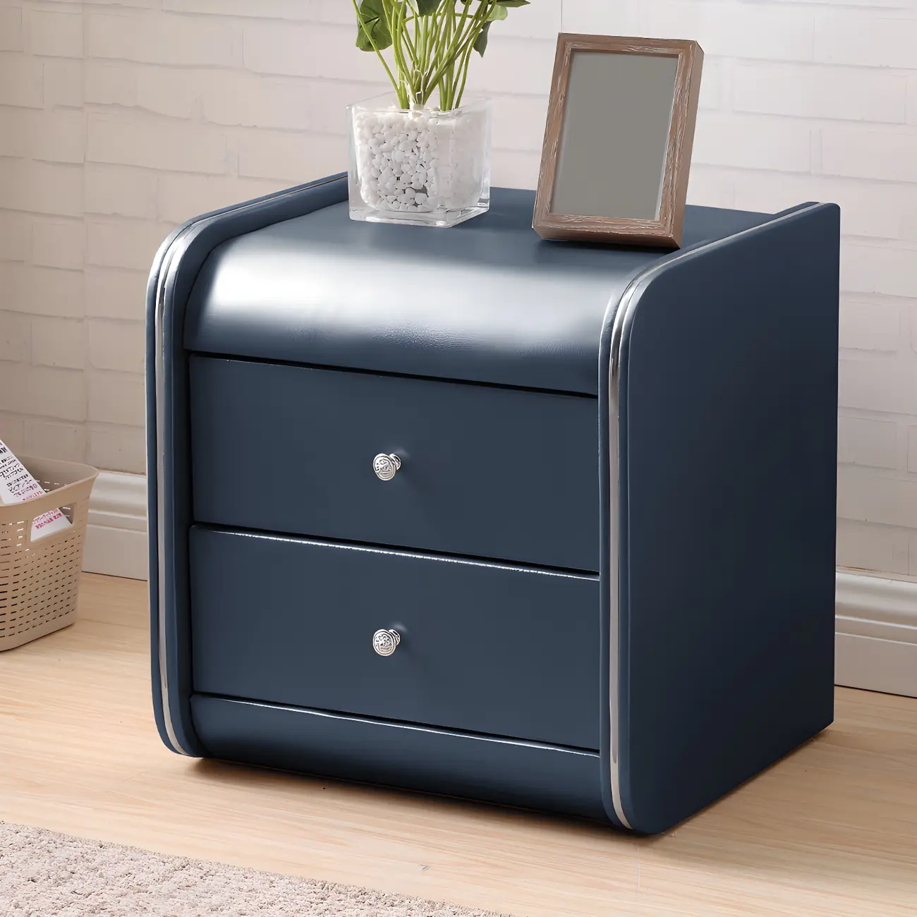 Stylish Narrow Faux Leather Bedside Table with 2 Drawers