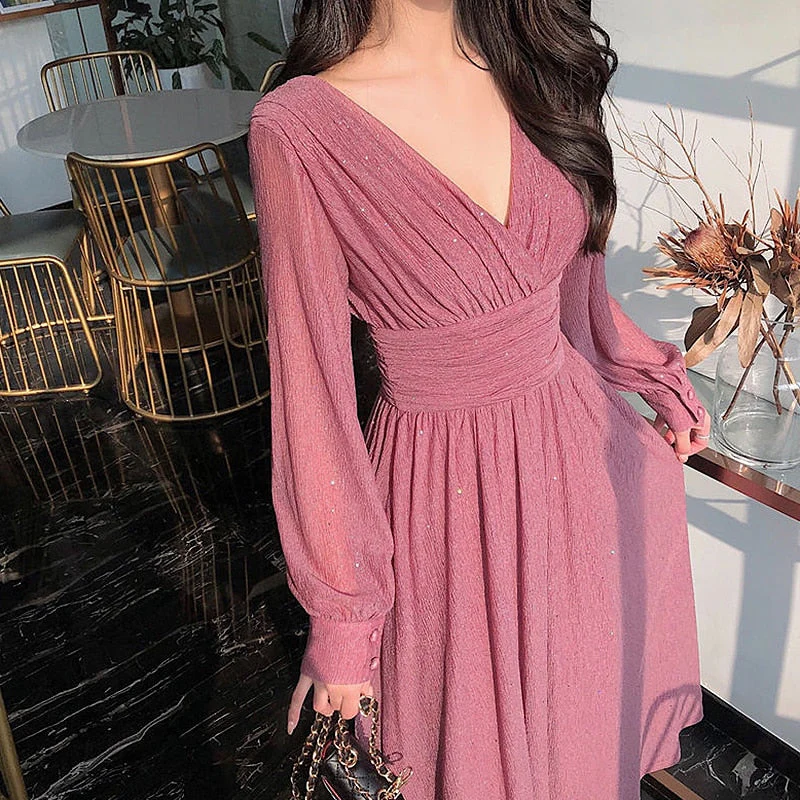 Hulianfu Vintage Sexy Maxi Dresses for Women Party Sequin Midi Dress Female Casual Chiffon Slim Korean Woman Dress Elegant Autumn - Deanwangkt