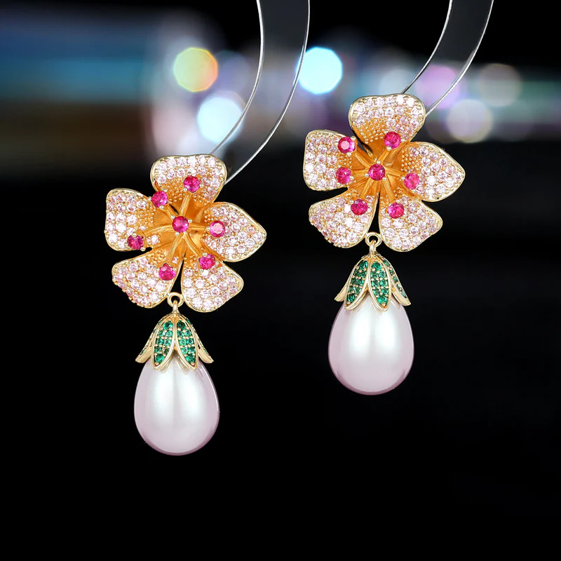 2025 retro court style exaggerated atmospheric earrings female zircon inlaid three-dimensional flower water drop pearl earrings - Deanwangkt