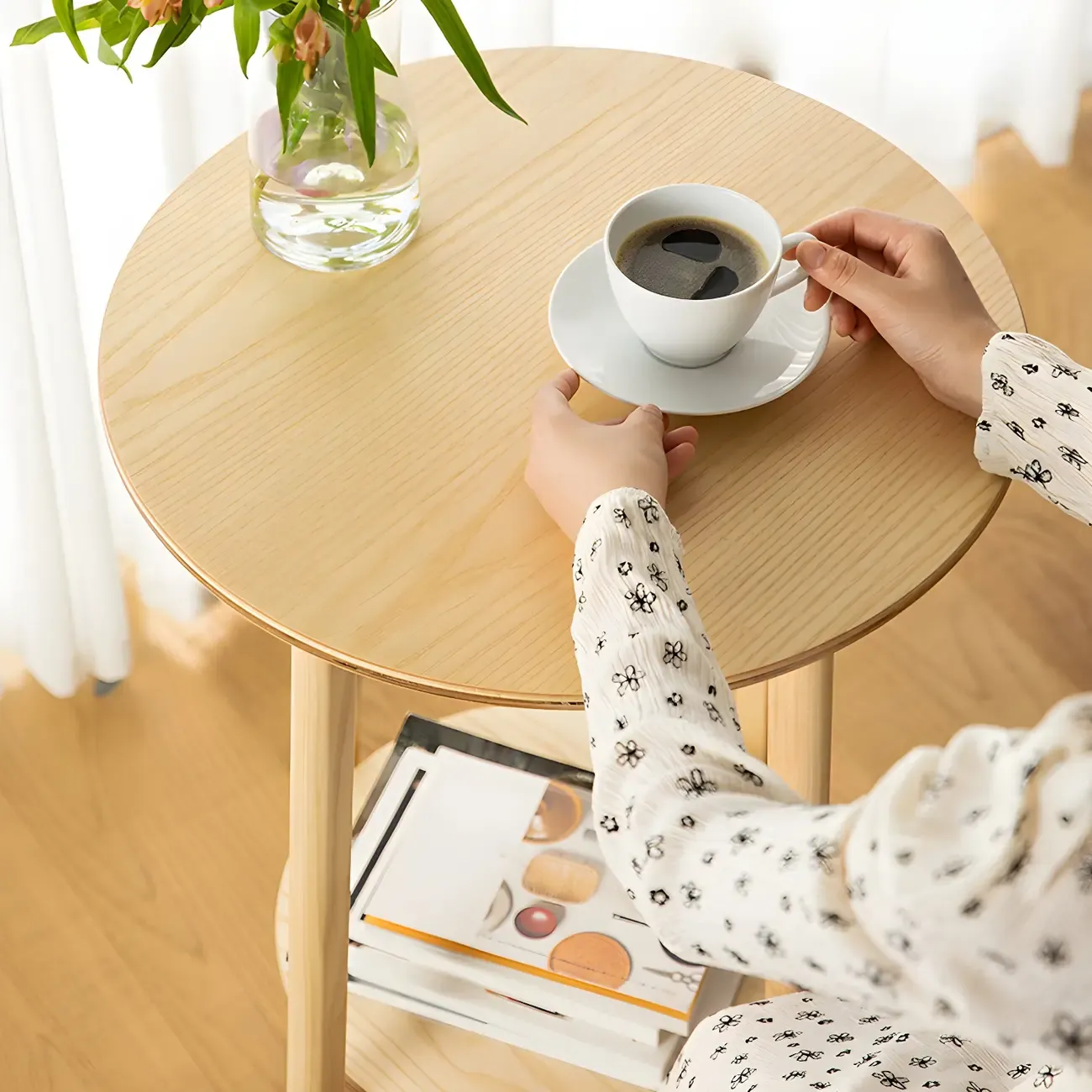 Scandinavian Round Natural Ash Wood Shelf Bar Tables