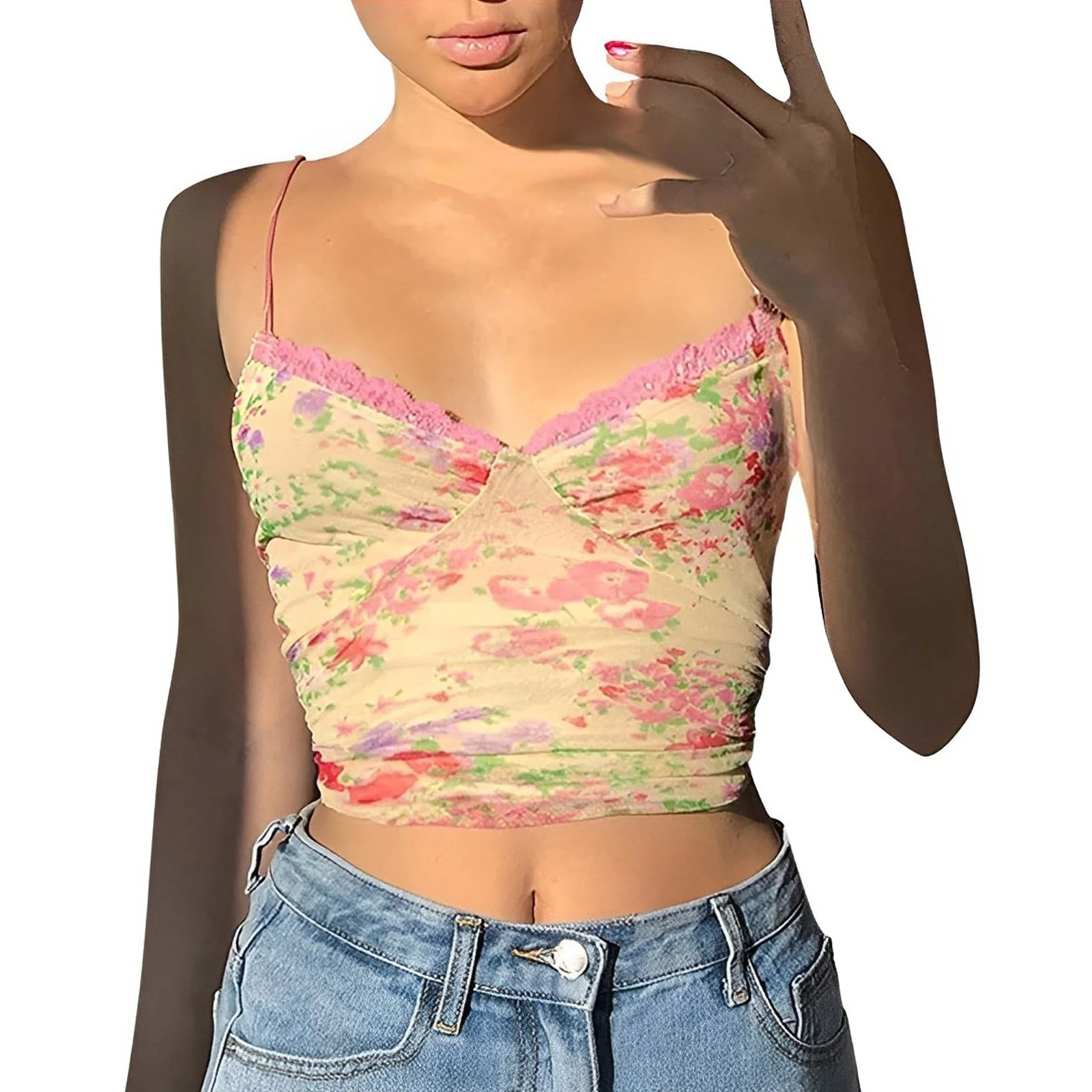 Hulianfu Rteyno Women s Summer Mini Sling Vest Sleeveless Backless V Neck Lace Trim Floral Camisole - Deanwangkt