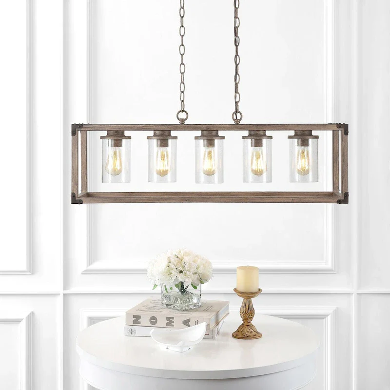 Darlene 36  5-Light Linear Adjustable Iron/Seeded Glass Rustic Farmhouse LED Pendant, Brown by JONATHAN Y