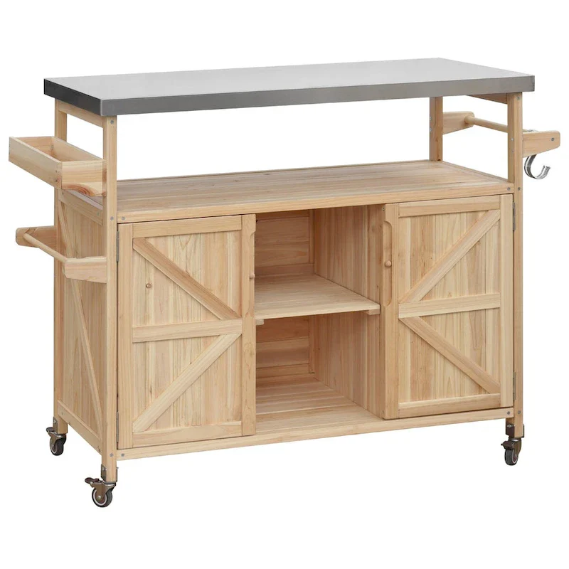 Outdoor Kitchen Island,Rolling Bar Cart & Storage Cabinet,Farmhouse Solid Wood Outdoor Grill Table with Stainless Steel Top