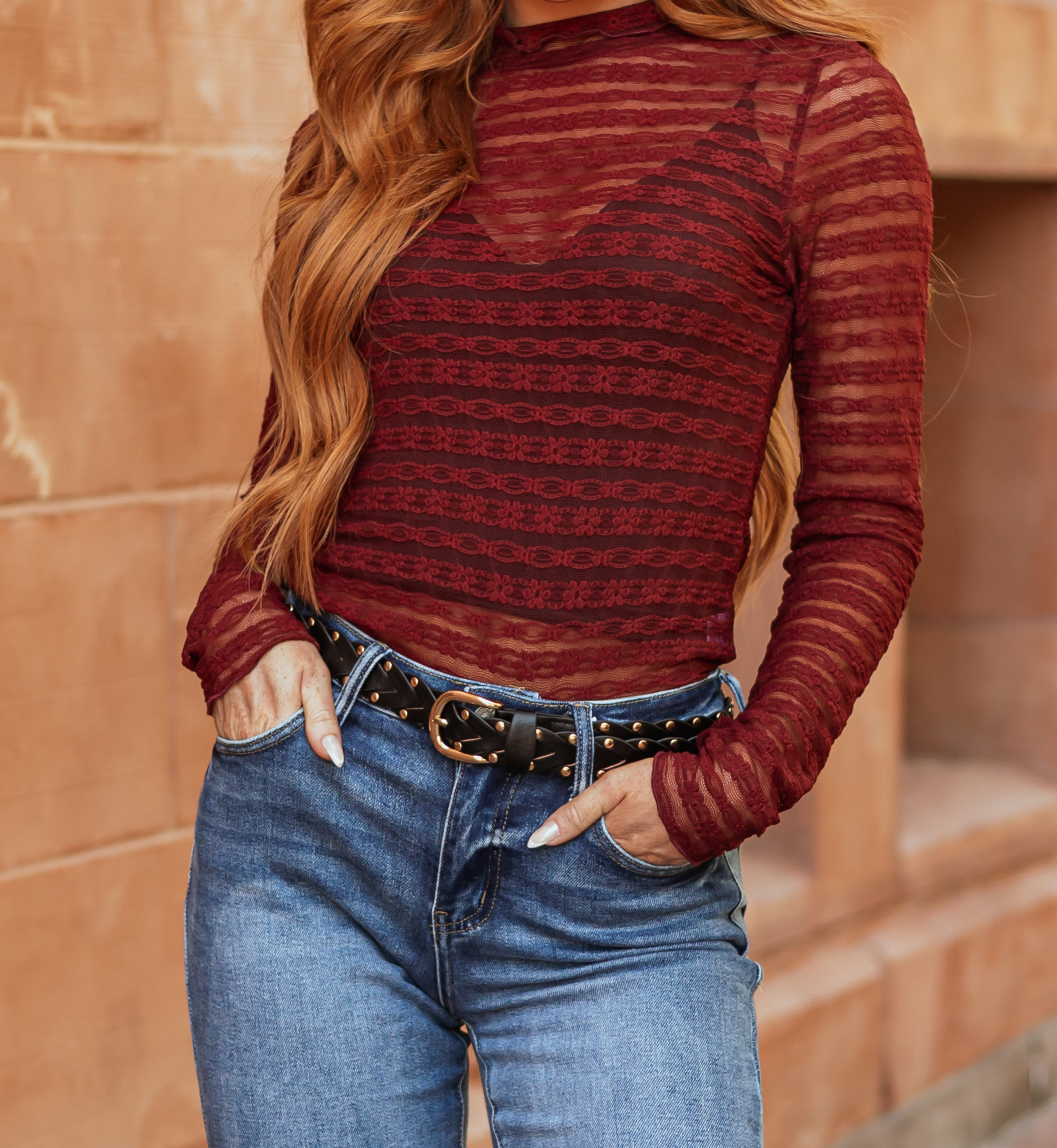 Sangria Sheer Lace Mock Neck Long Sleeve Top