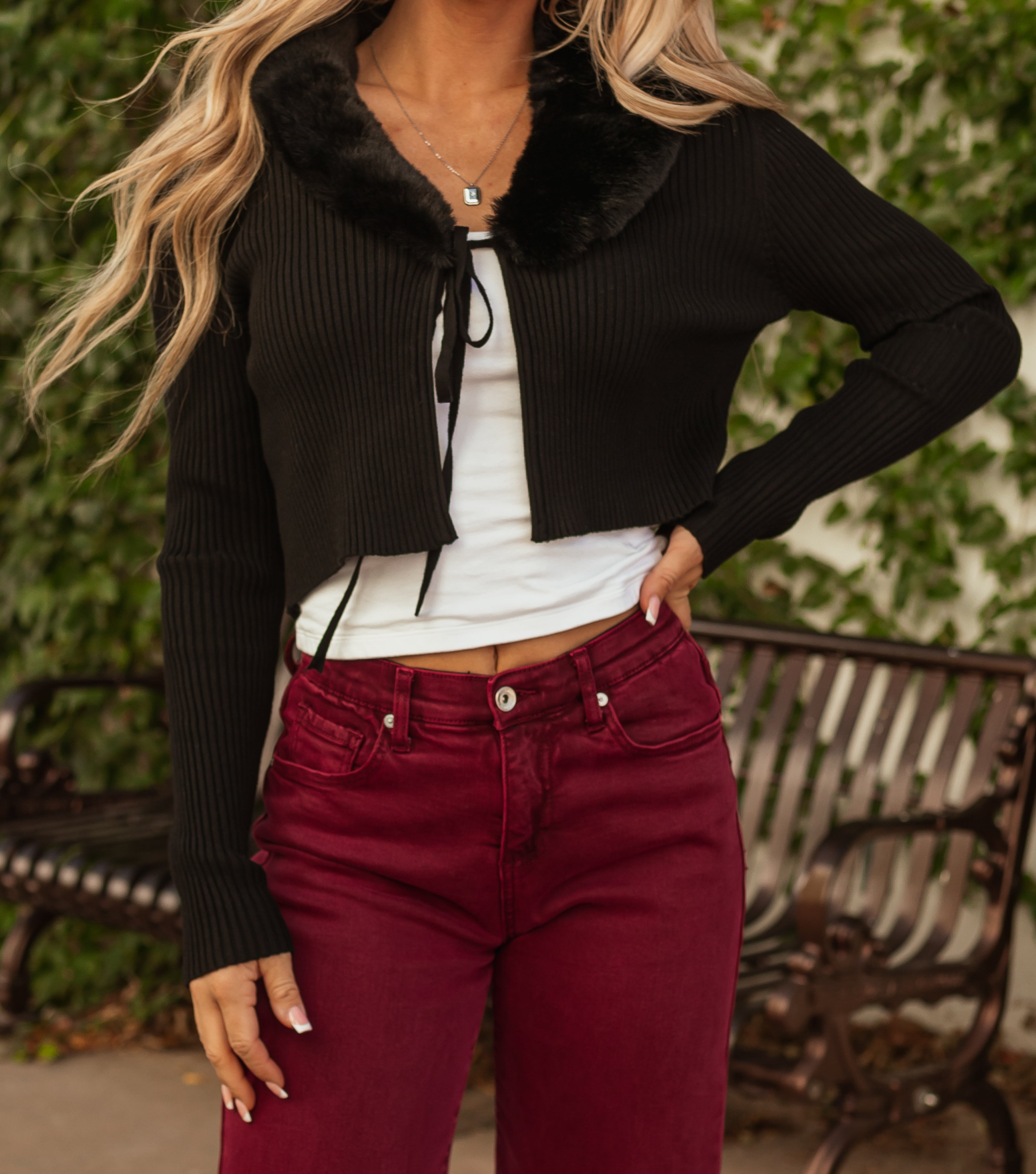 Black Faux Fur Collar Knit Sweater Cardigan