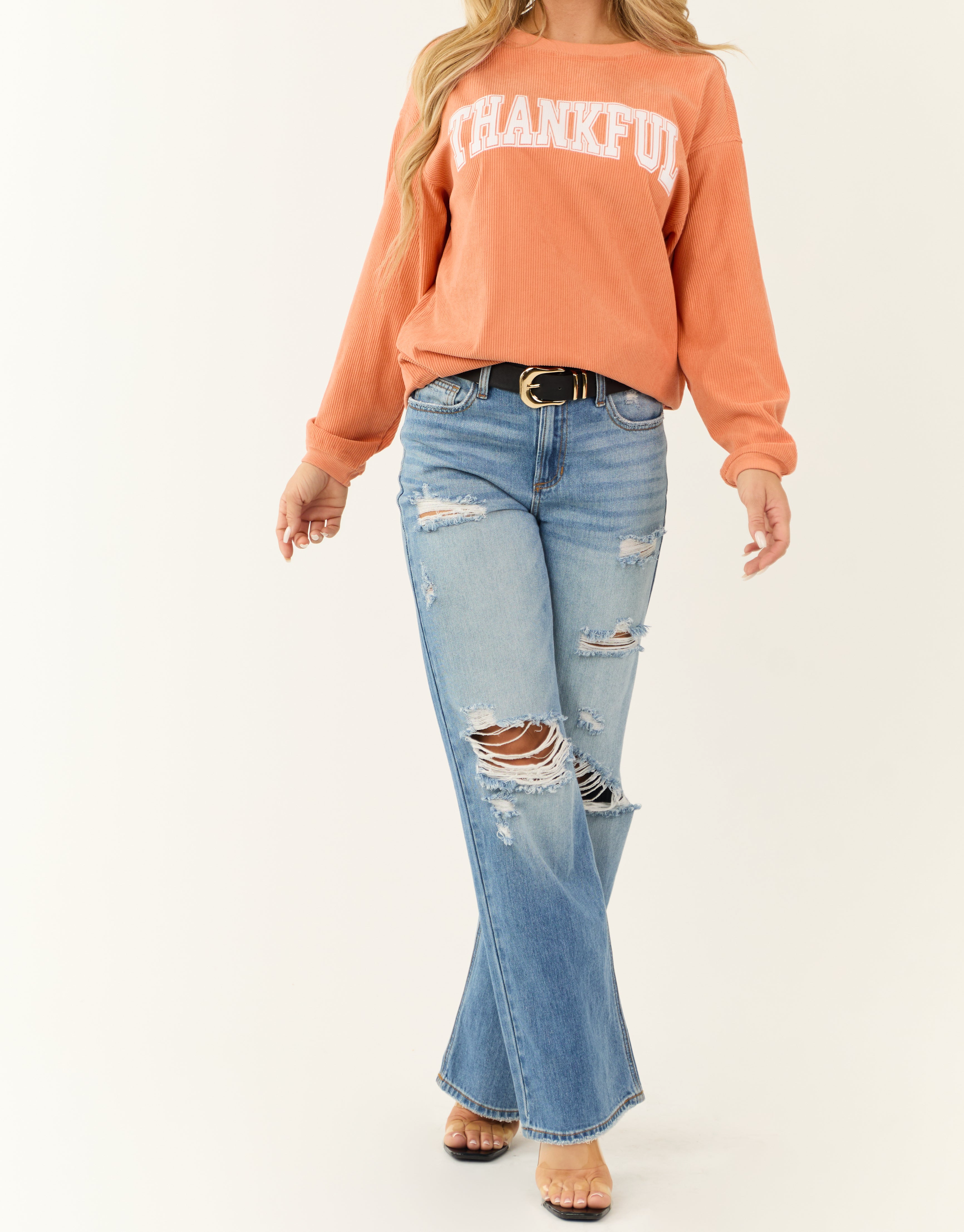 Peach ‘Thankful’ Ribbed Long Sleeve Sweatshirt