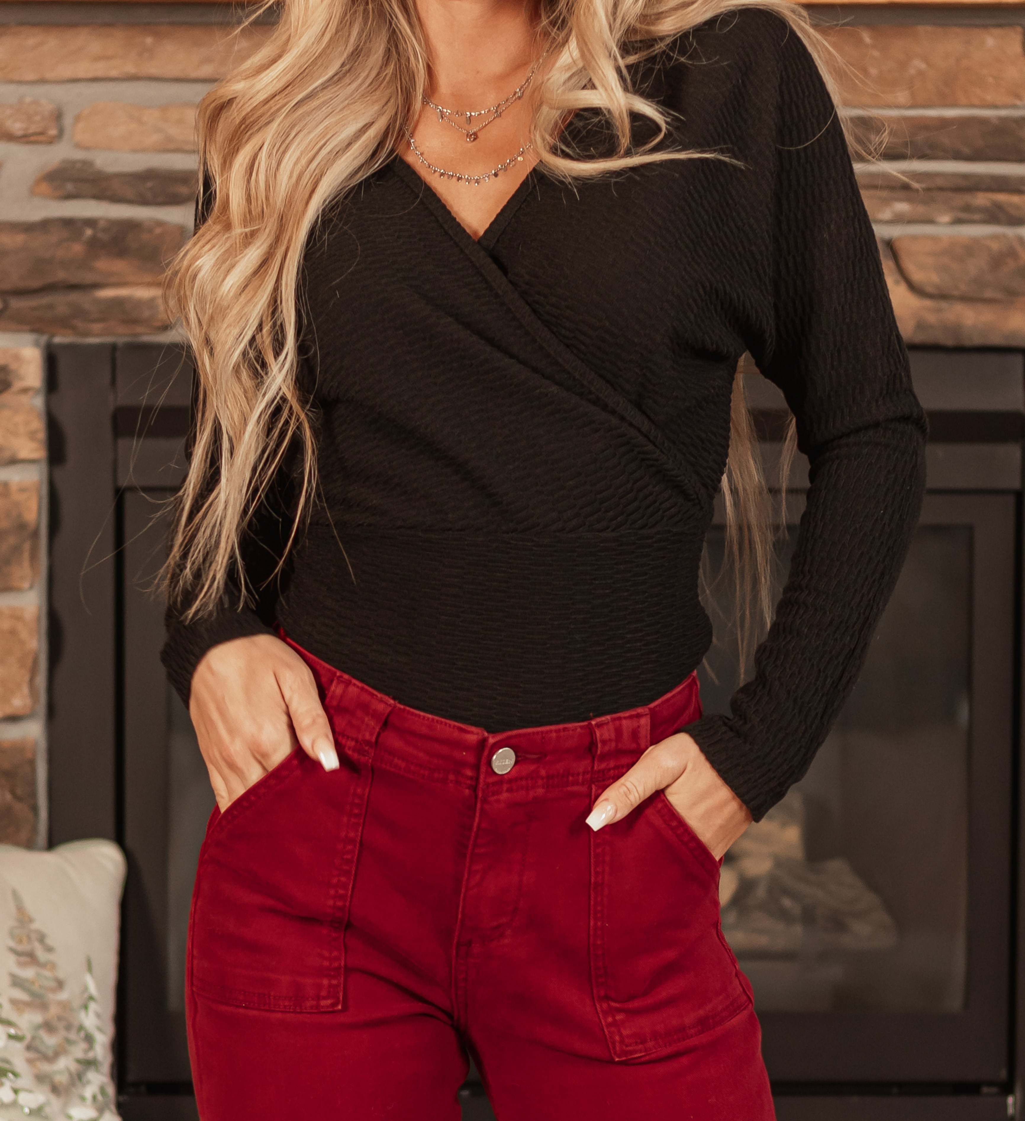 Black Surplice Wrap Long Sleeve Textured Top