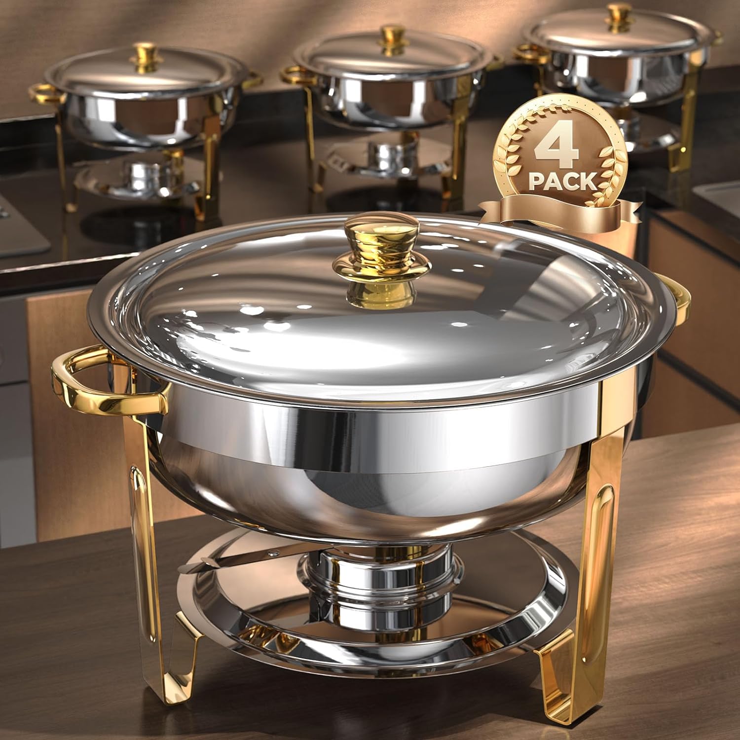 Chafing Dishes for Buffet 4 Pack, 5QT [Worry-Free Assemble] Round Chafing Dish Buffet Set [Elegant Gold and Silver Colors] Stainless Steel Chafers and Buffet Warmers Sets for Parties with Complete Set