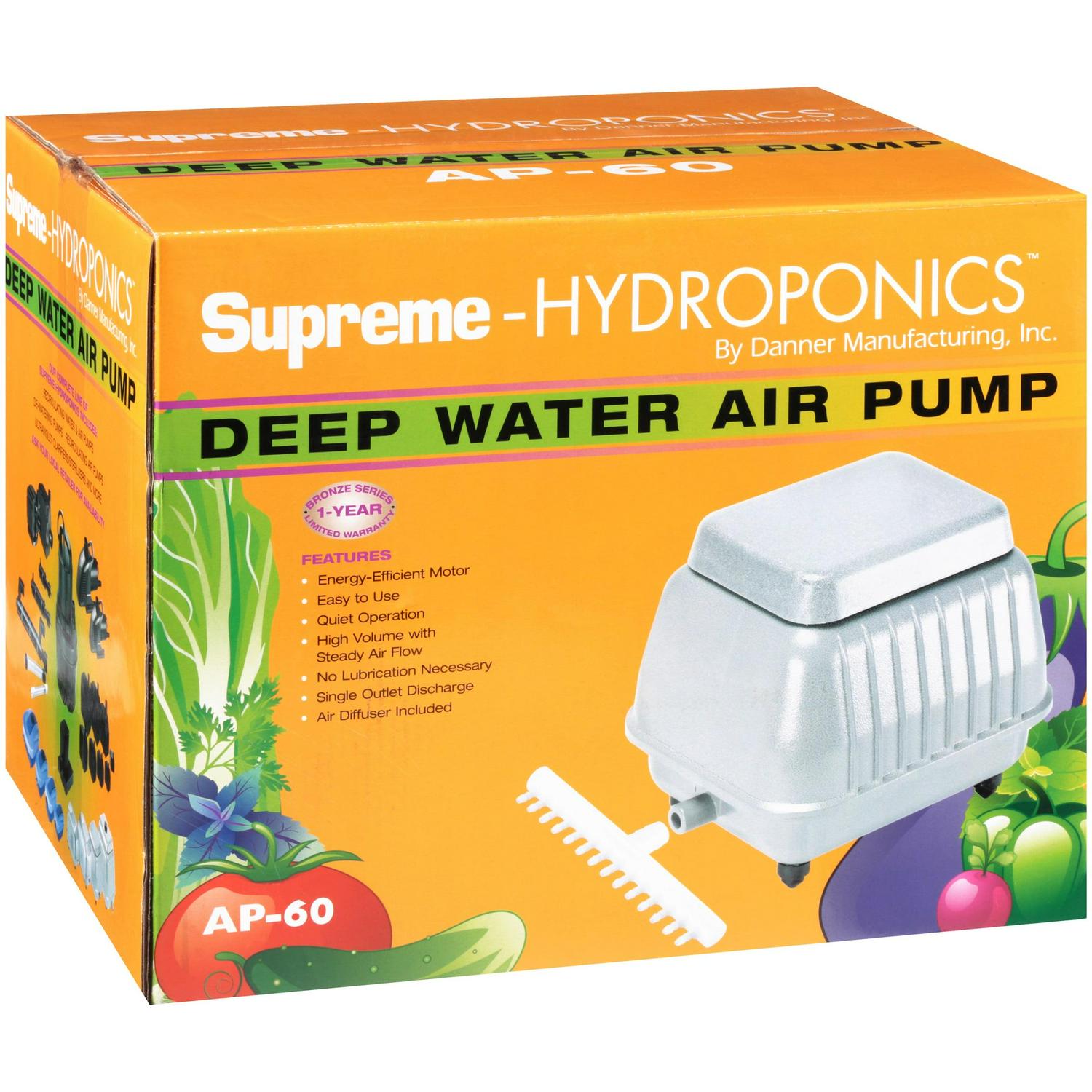 Danner Supreme-Hydroponics AP-60 Deep Water Air Pump, Energy-Efficient, Quiet Operation, Includes Air Diffuser