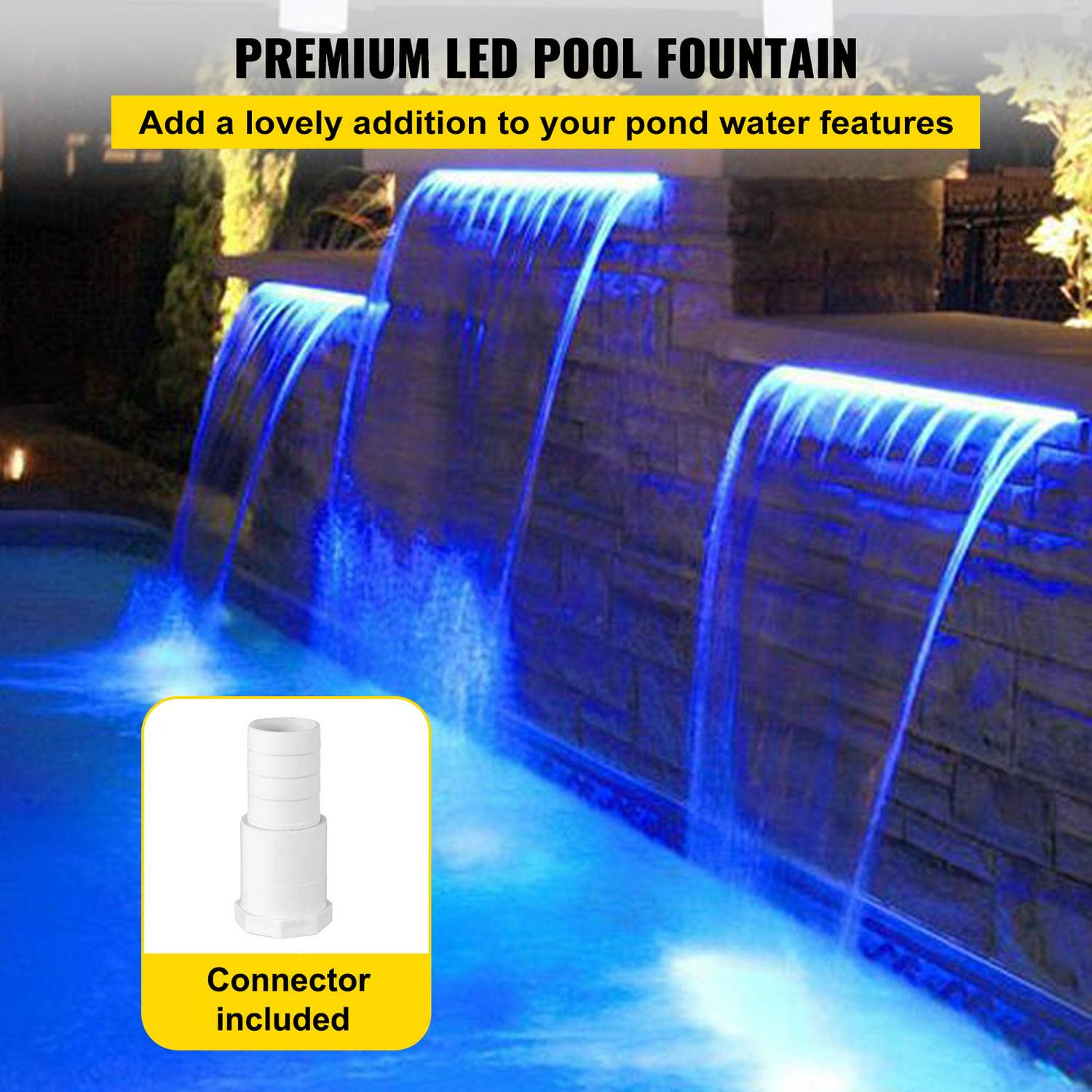 VEVOR Pool Waterfall Spillway with Blue LED, Stainless Steel & Acrylic, 11.8′′x3.2′′x8.1′′, for Garden Pond & Swimming Pool