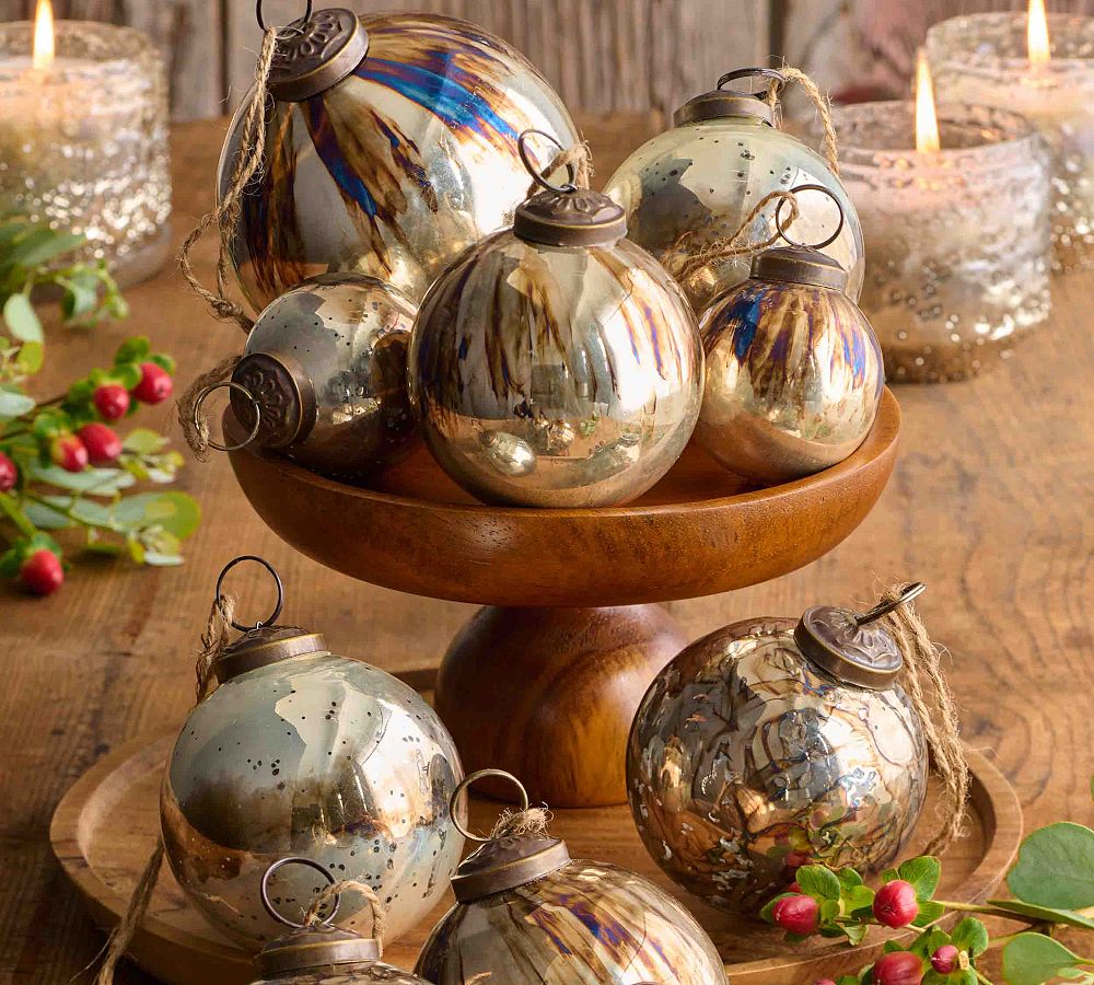 Mouth Blown Antique Gold & Brass Ball Ornaments - Set of 6
