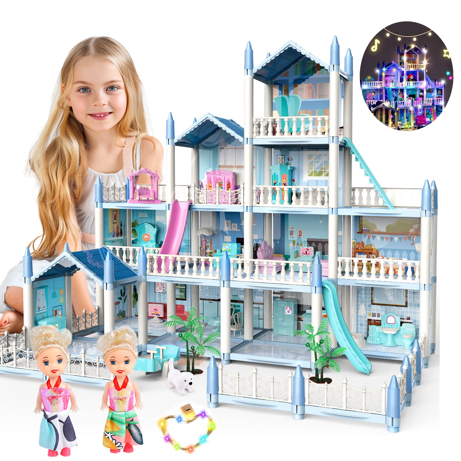 JoyStone Kids Dollhouse with Colorful Lights, 14 Rooms DIY Playhouse, Includes 2 Dolls, Creative Gift for Girls, Blue