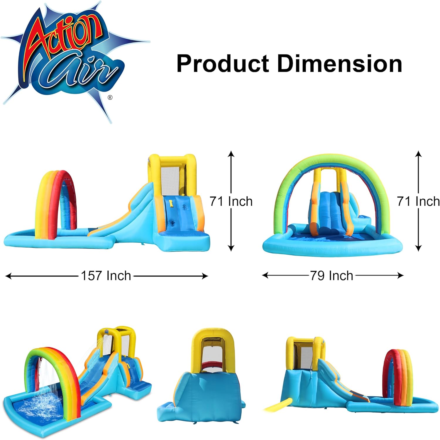 Action Air Kids Inflatable Water Slide & Bounce House with Rainbow Splash Pool, Ages 3-10, Easy Setup