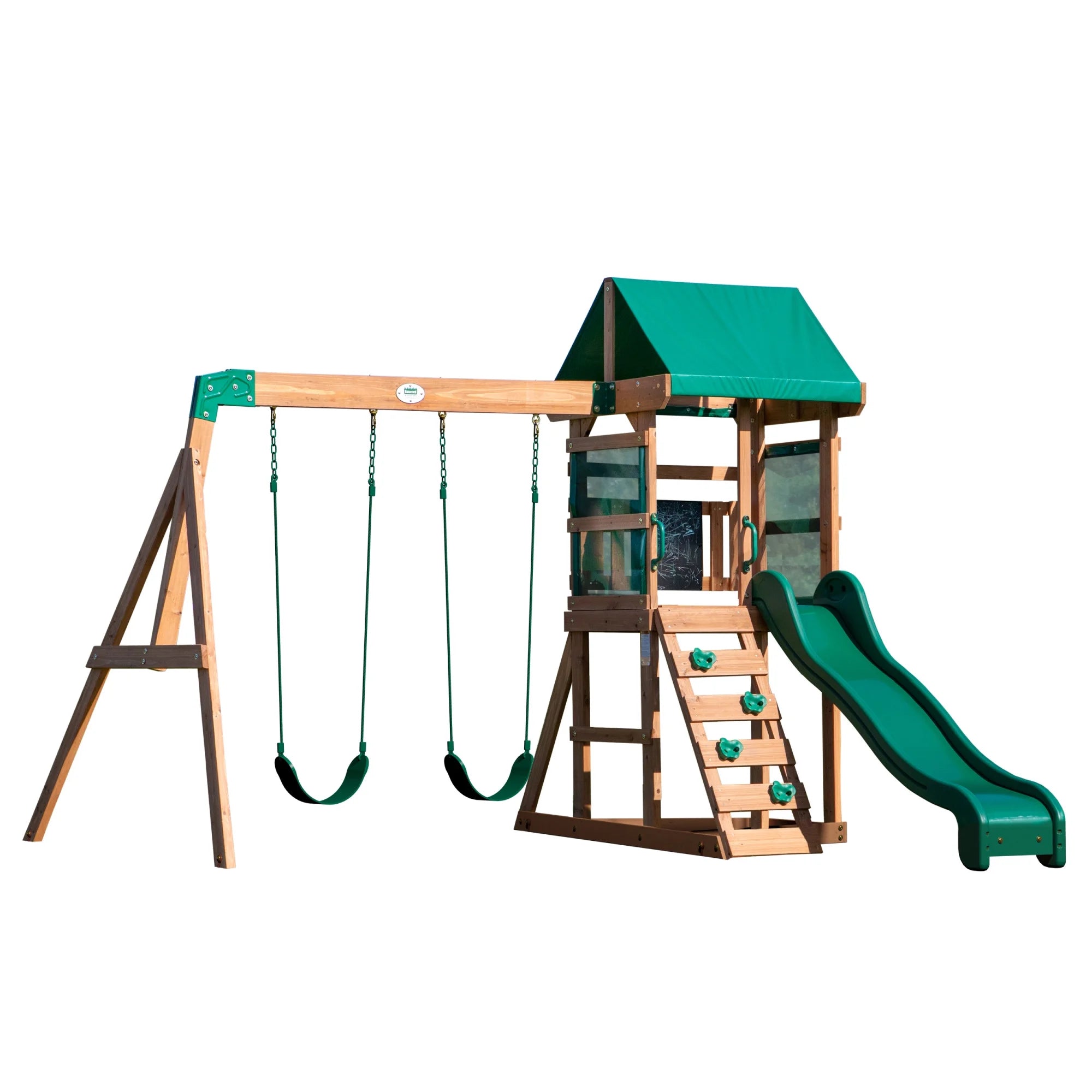 Backyard Discovery Buckley Hill Cedar Wood Swing Set with Two Belt Swings & Shaded Deck