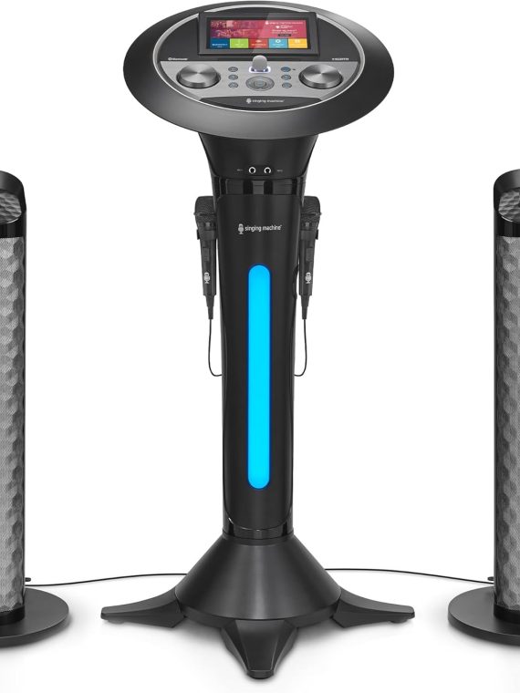 Singsation Portable WiFi Karaoke Machine for Adults – Black Pedestal with 7” Touchscreen, Built-In Speaker, Bluetooth, Recorder & 2 Wired Microphones