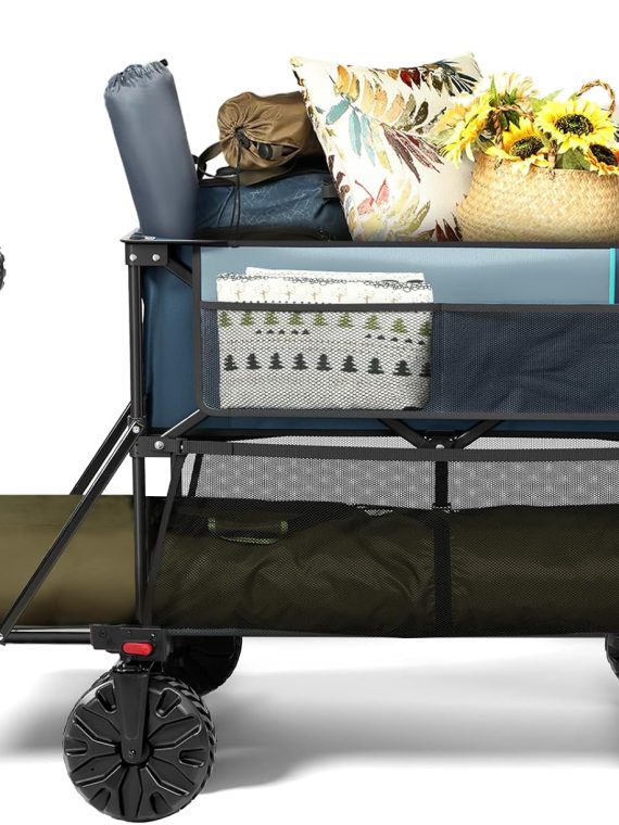 Brand Folding Wagon 400L Large Capacity Double Decker Cart, 450lbs Heavy Duty, All-Terrain Wheels, Green-Blue