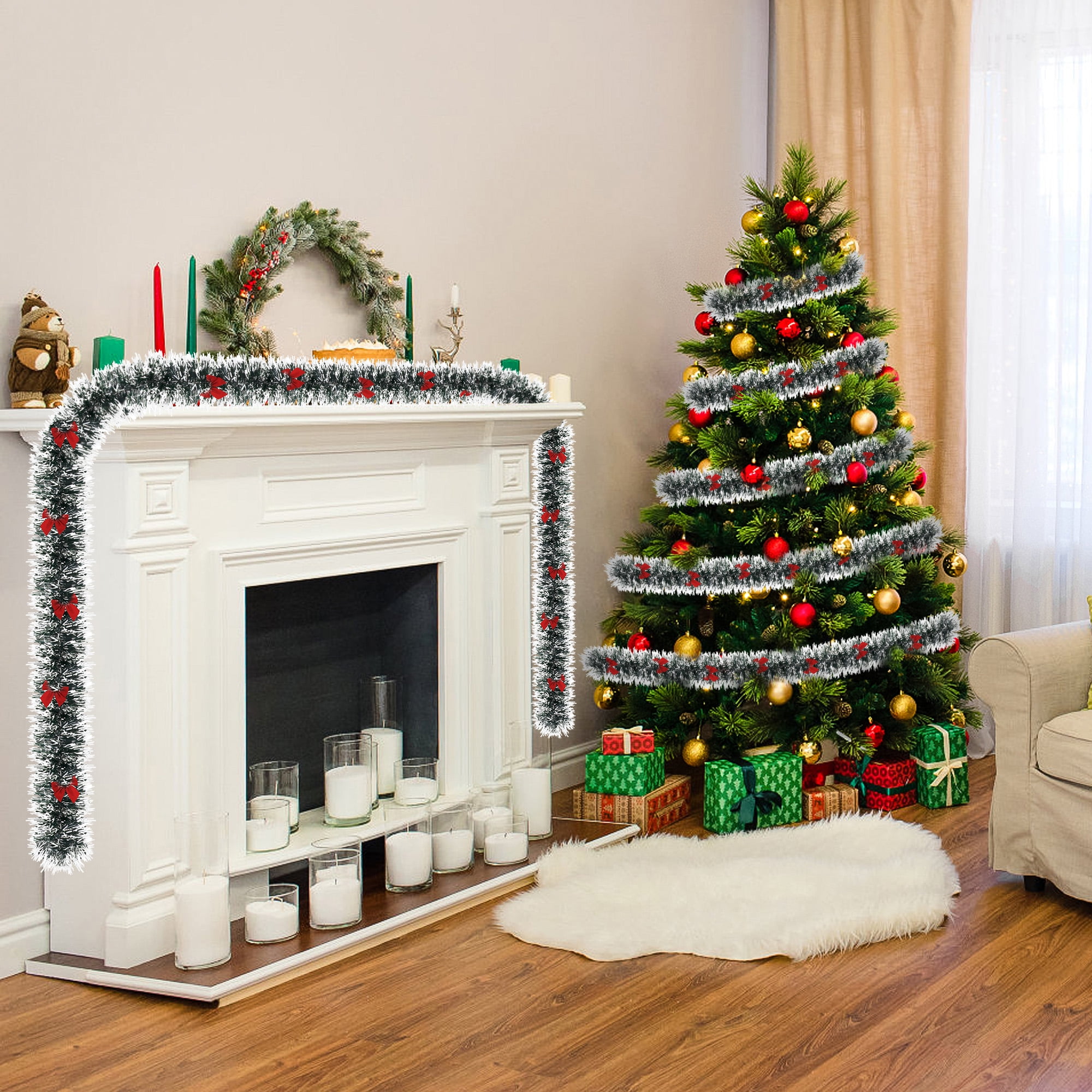 IZNEN 50FT Christmas Garland with 38 Red Bows, Green PVC Tinsel for Indoor/Outdoor Holiday Decor