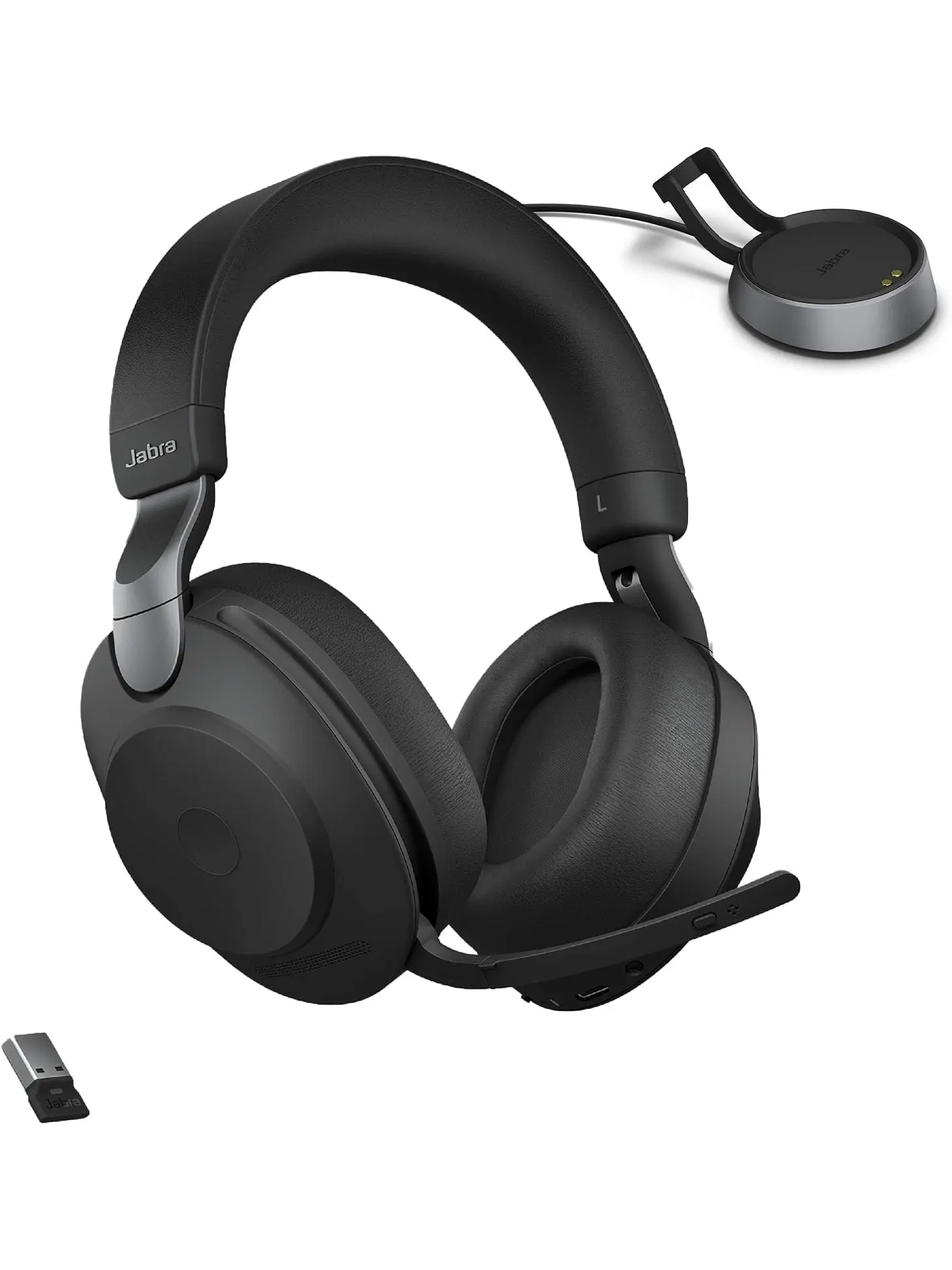 Jabra Evolve2 85 UC Wireless Headphones with Link380a & Charging Stand, Stereo, Black – Wireless Bluetooth Headset for Calls and Music, 37 Hours of Battery Life, Advanced Noise Cancelling Headphones