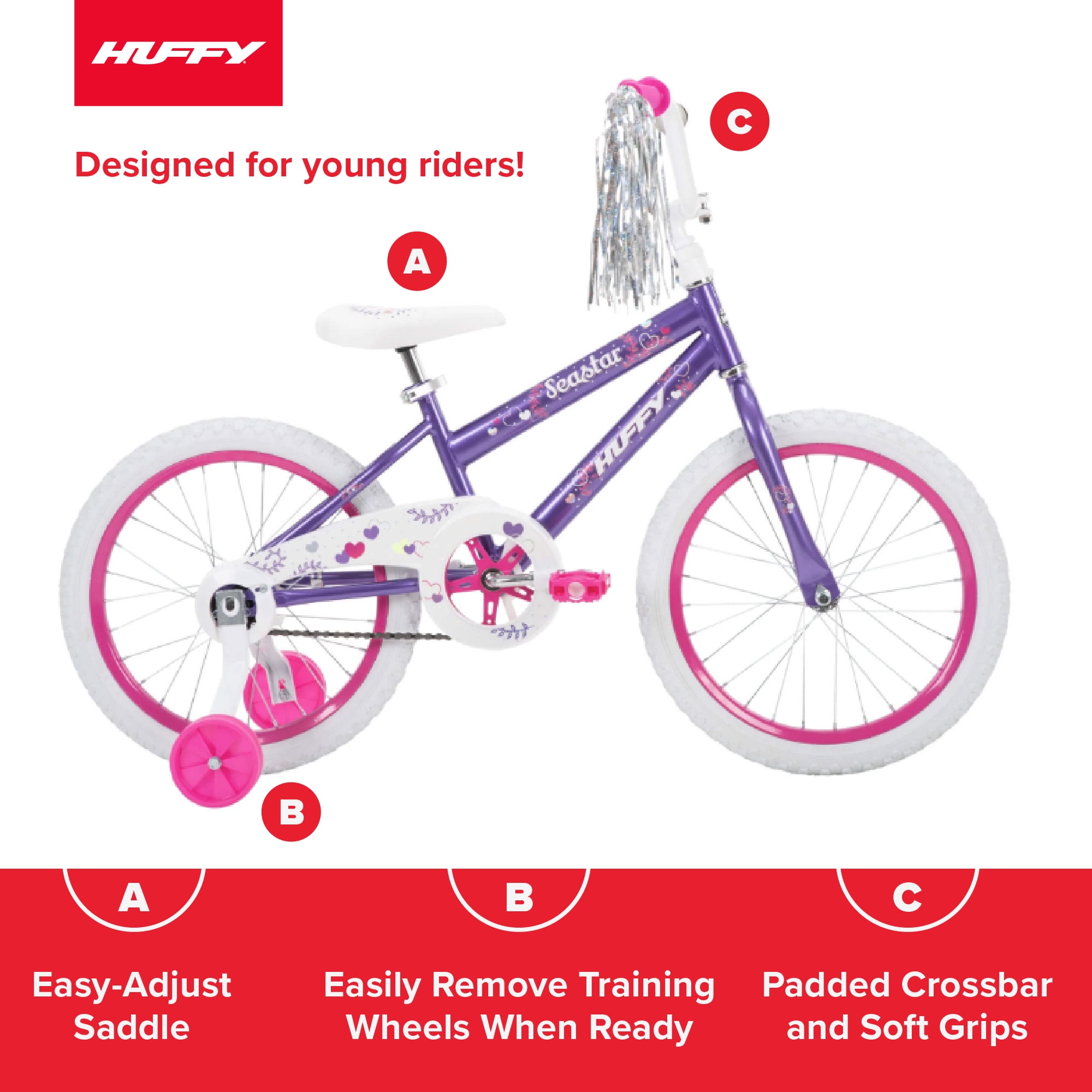 Huffy Sea Star 18′′ Kids Bicycle, Purple, Ages 4+, Training Wheels, Single-Speed