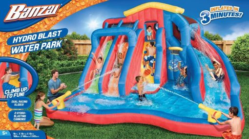 BANZAI Hydro Blast Water Park Inflatable Slide with Cannons & Basketball Hoop, 3 Slides, Heavy-Duty Dura-Tech Material