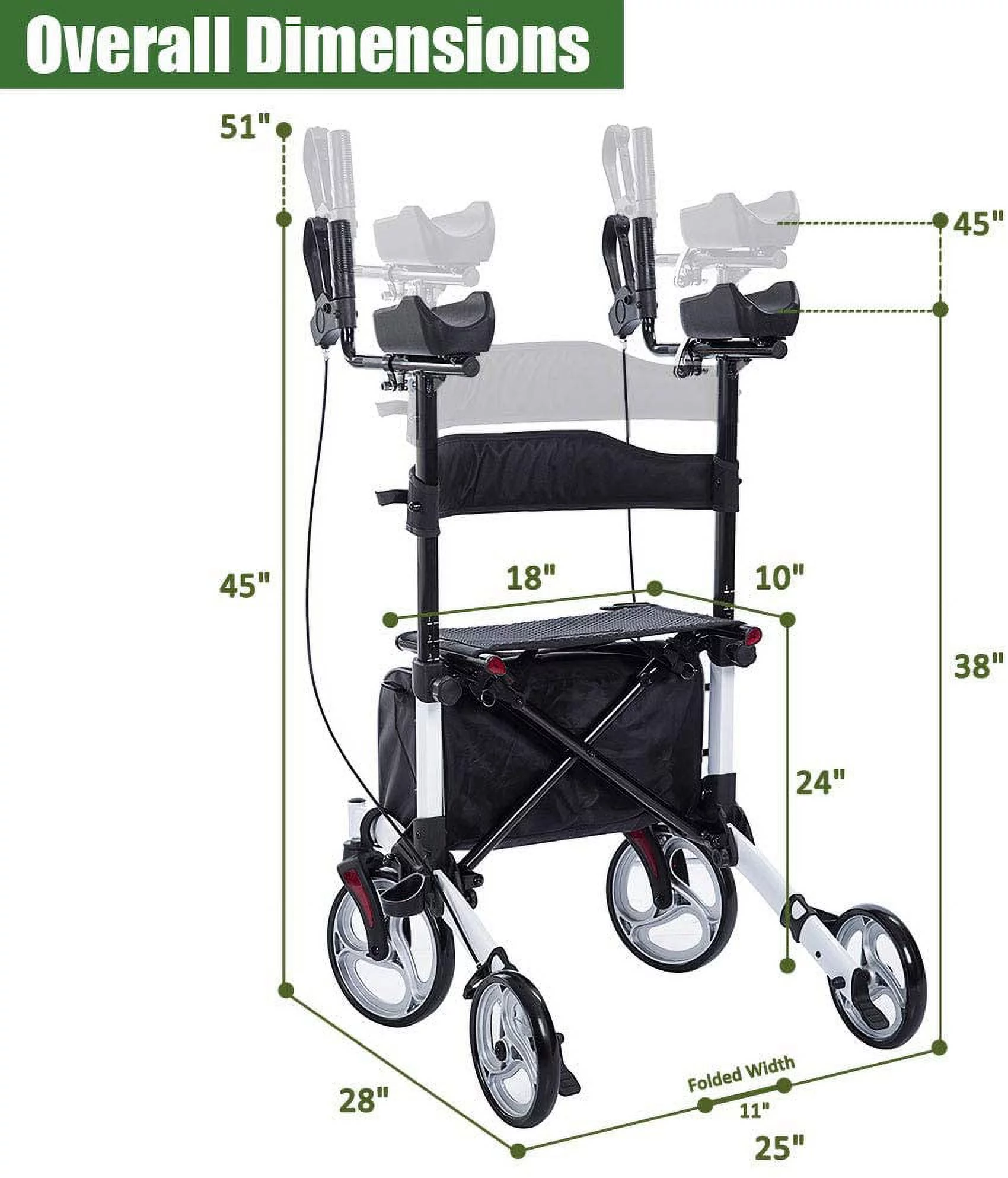 BEYOUR WALKER Upright Rollator Walker, 10′′ Wheels, Adjustable Armrest, Folding Design, White – Mobility Aid for Seniors