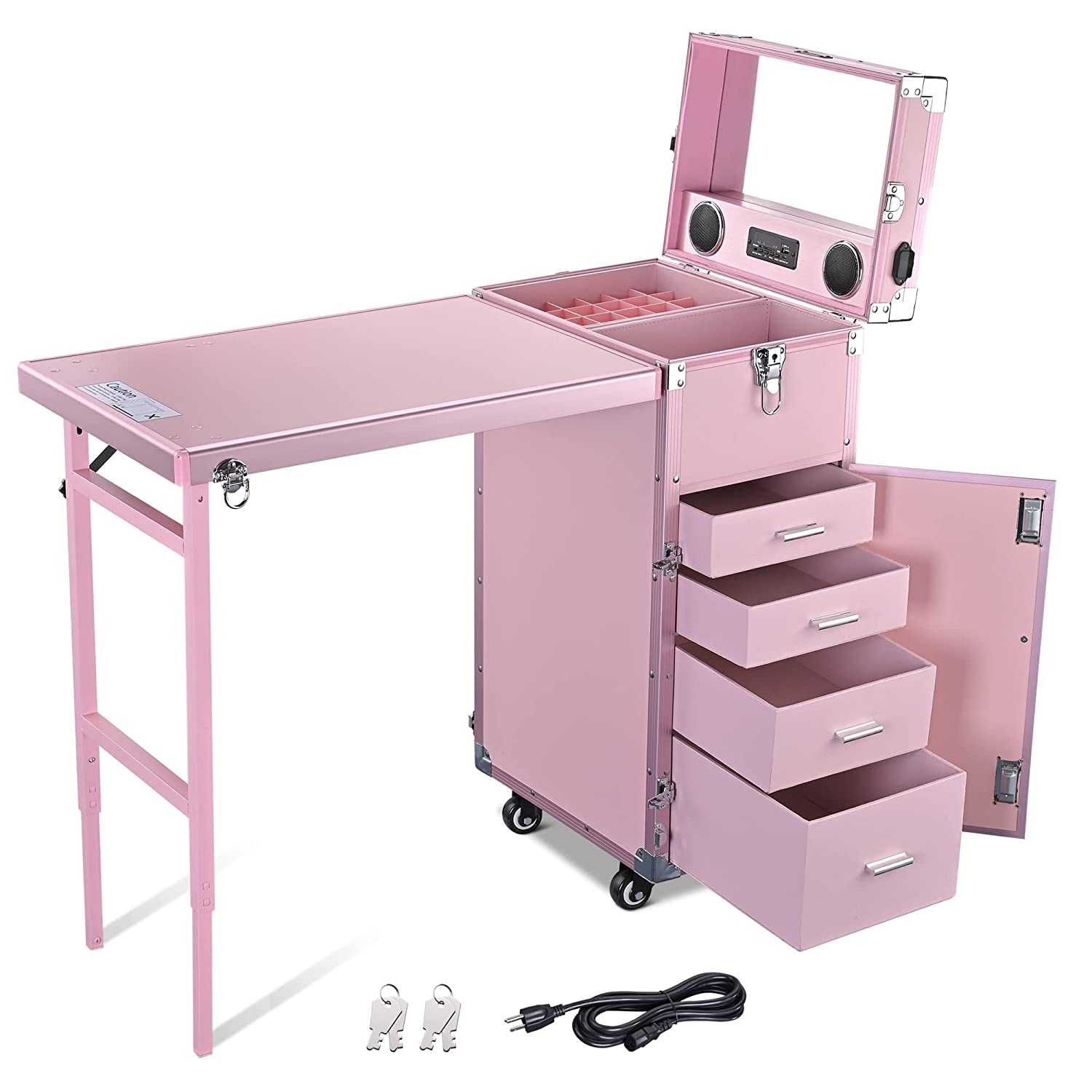 Byootique Portable Makeup Workstation with Mirror, 4 Drawers, Bluetooth, Pink Trolley Case