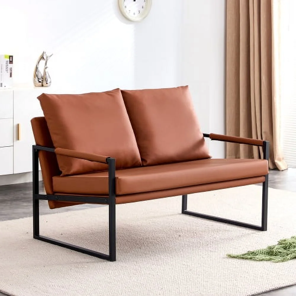 GVJMTKP Modern Brown PU Leather Two-Seater Sofa Chair with Pillows & Metal Frame