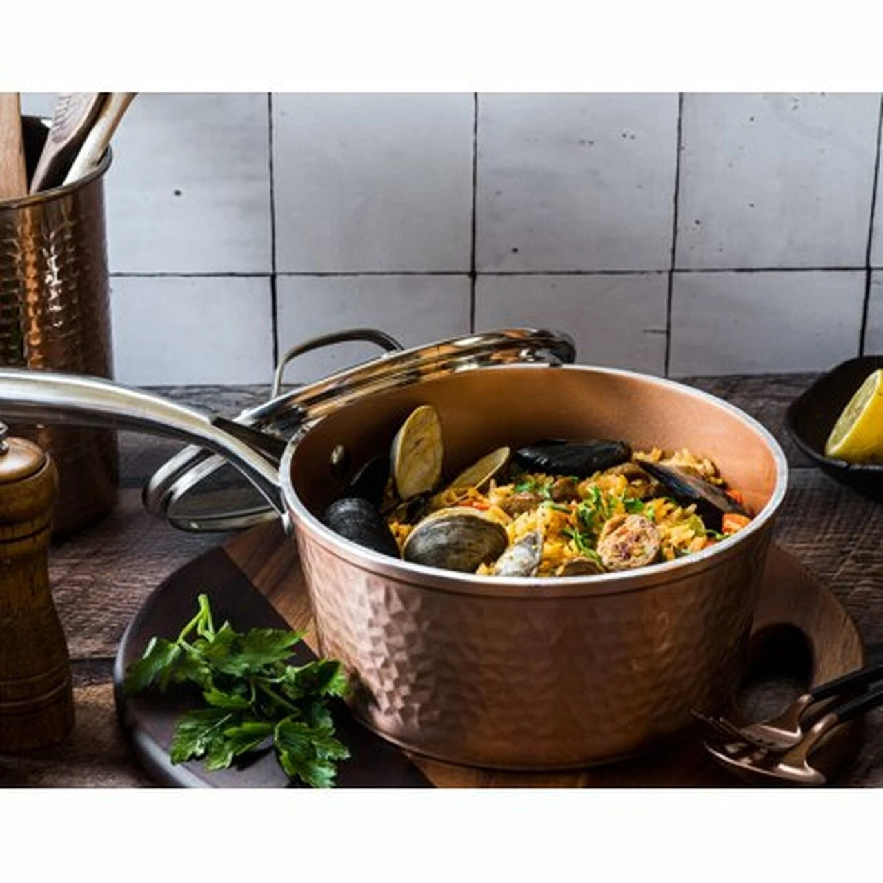 Gotham Steel 5 Piece Hammered Cookware Set, Non-stick coating, Dishwasher Safe, Oven Safe