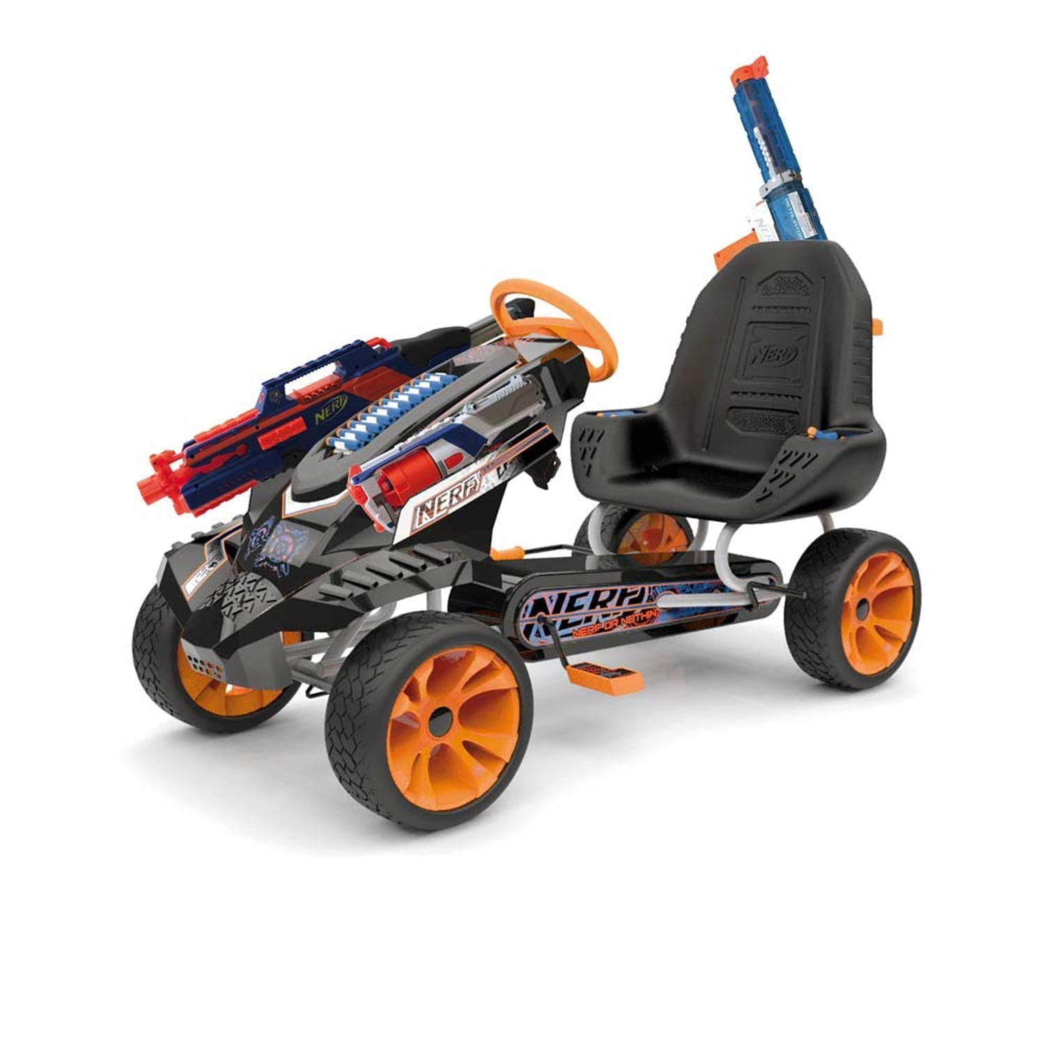 NERF Battle Racer Kids Pedal Go-Kart with NERF Blaster Holders, Adjustable Seat, Handbrake, Multi-color
