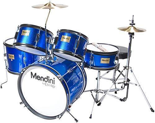 Mendini By Cecilio Drum Set For Kids/Junior – 16-Inch, 5-Piece, Blue Metallic – Starter Drums Kit w/Adjustable Throne, Cymbal, Pedal & Drumsticks – MJDS-5-BL