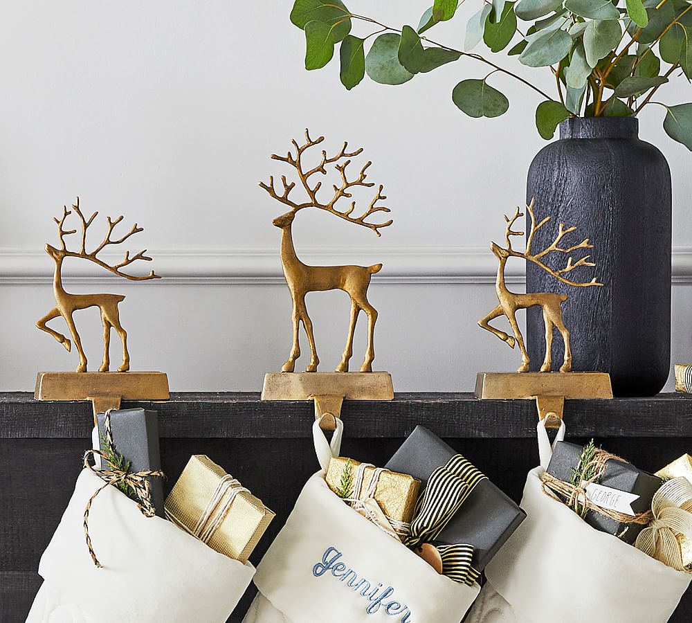 Brass Finish Aluminum Reindeer Stocking Holders – 2 Sizes Available
