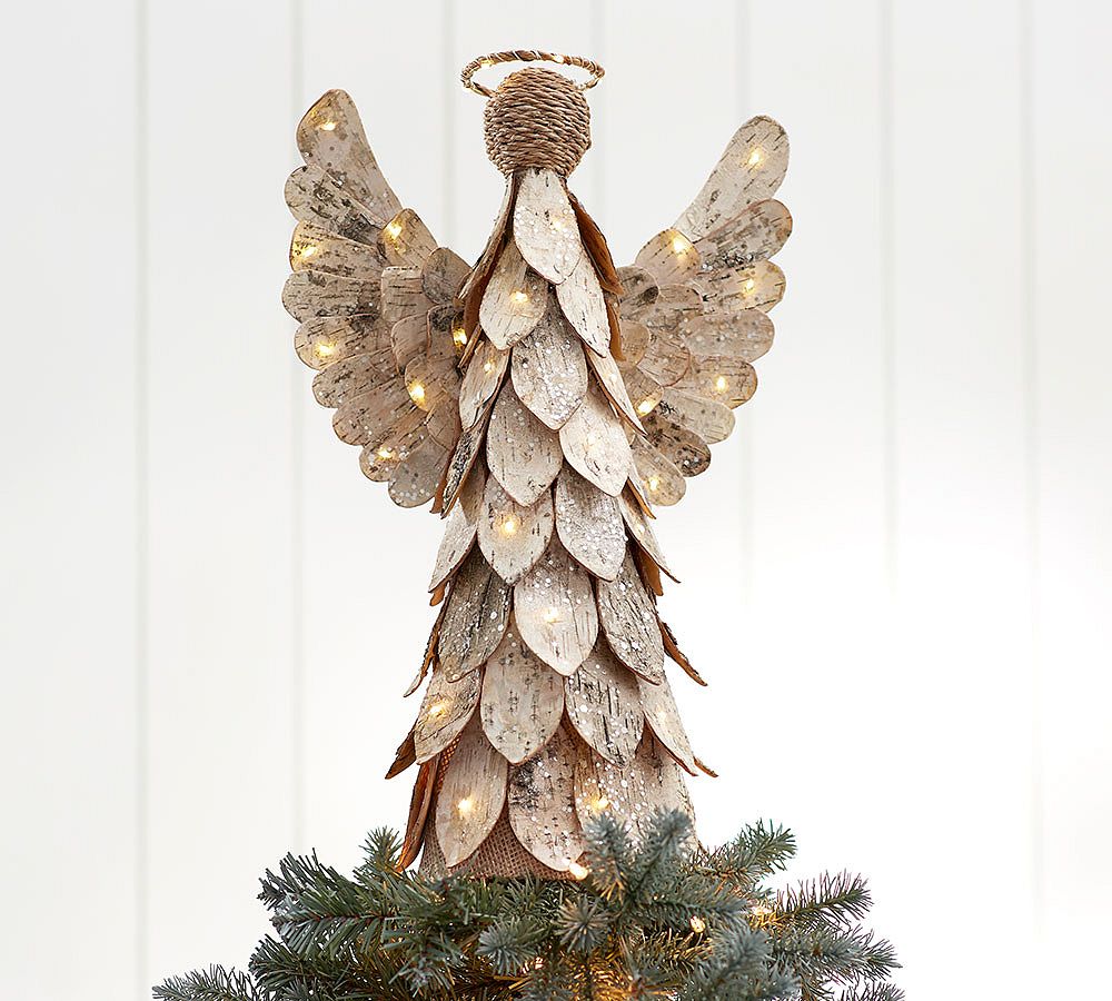Birch Angel Tree Topper with 24 LED Lights, 16′′ Height, Battery Operated