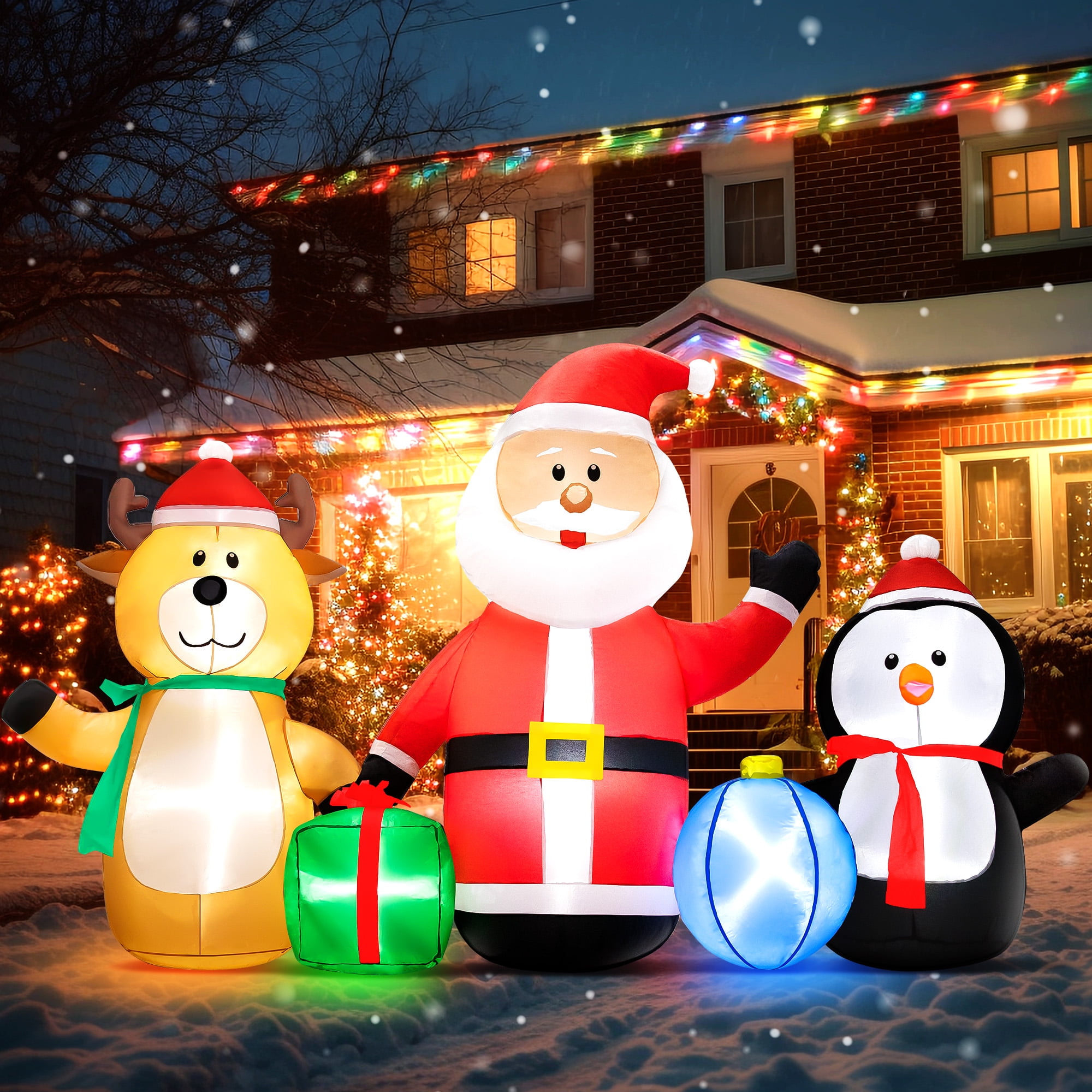 Vrilay 7.3ft Christmas Inflatable Santa Elk Penguin with LED Lights for Outdoor Yard Decor