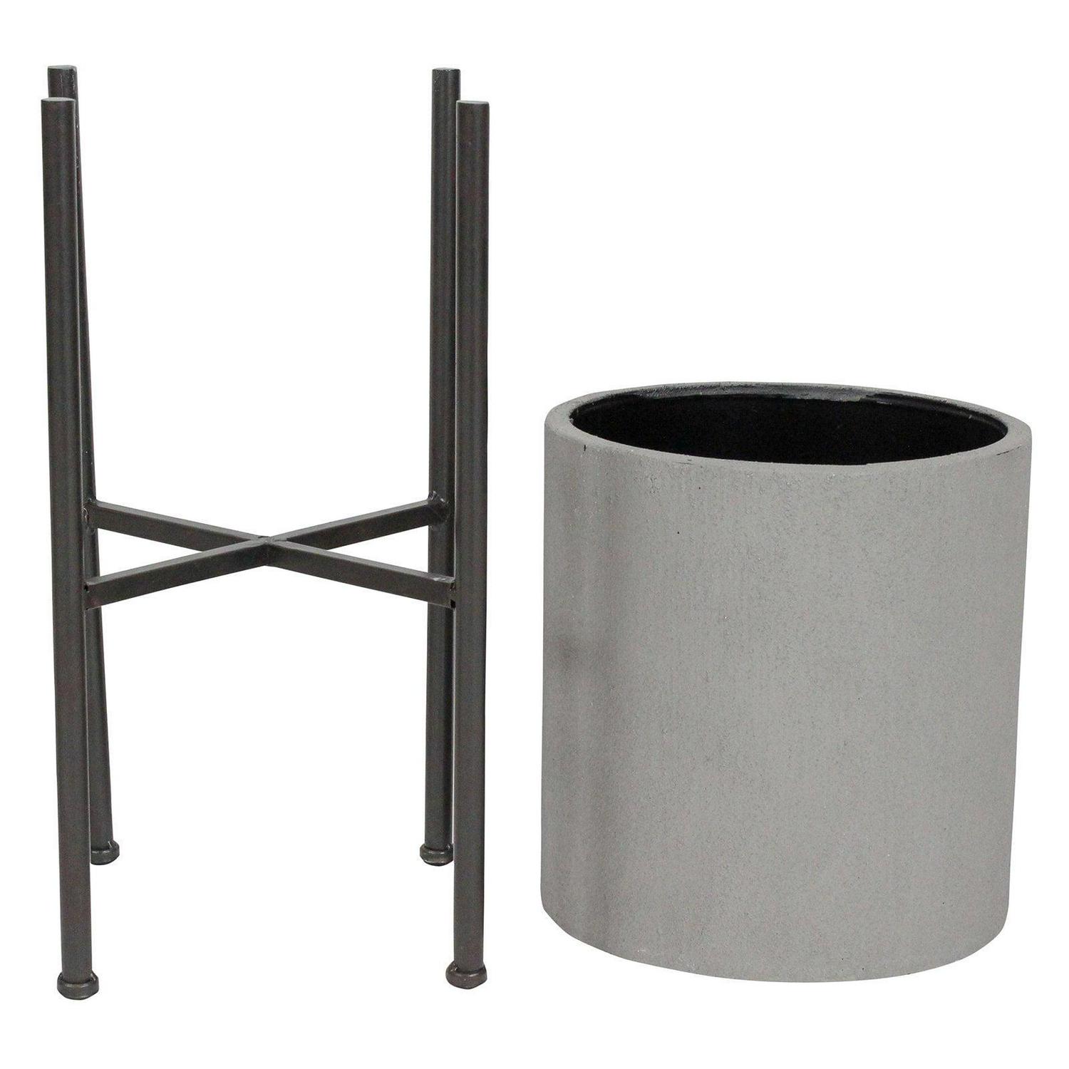 Tania Mid Century Modern Iron Indoor Planters with Stands, Set of 2, Light Gray Stucco Finish