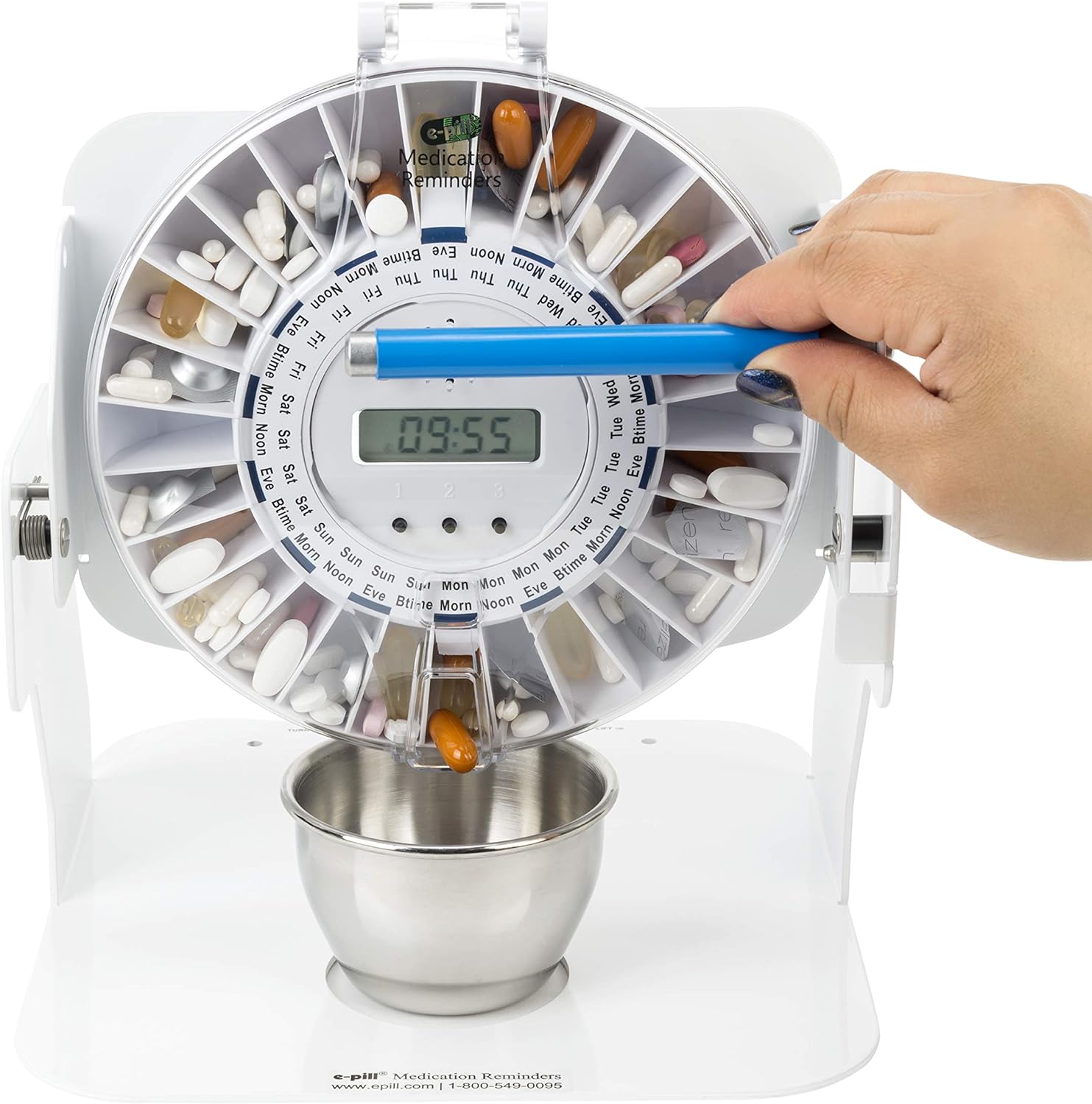 e-pill Automatic Pill Dispenser with Tipper Base, White, Stainless Steel, Key-Locked Lid, 6 Alarms, 28 Compartments