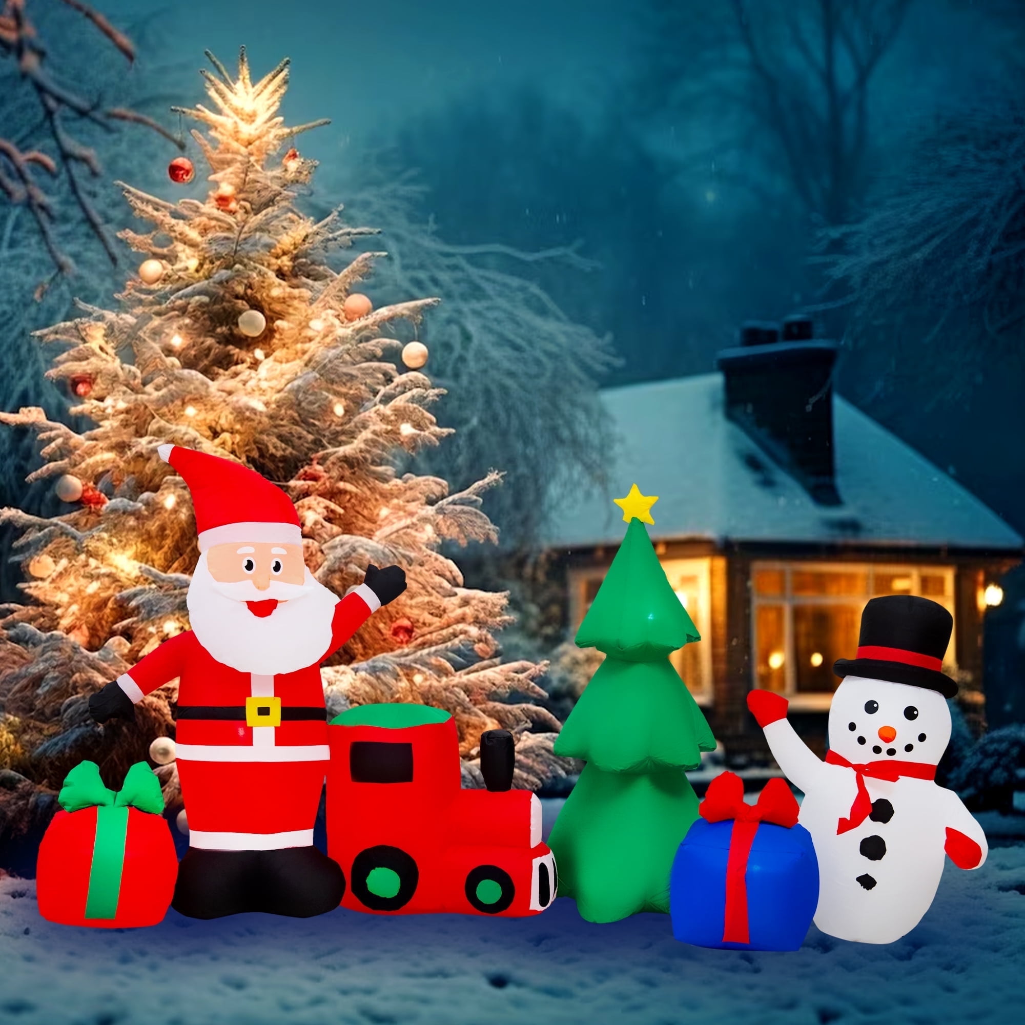 Yexmas 9FT Christmas Inflatable Set with LED Lights – Santa, Snowman, Train, Gift Boxes & Tree for Indoor/Outdoor Decor