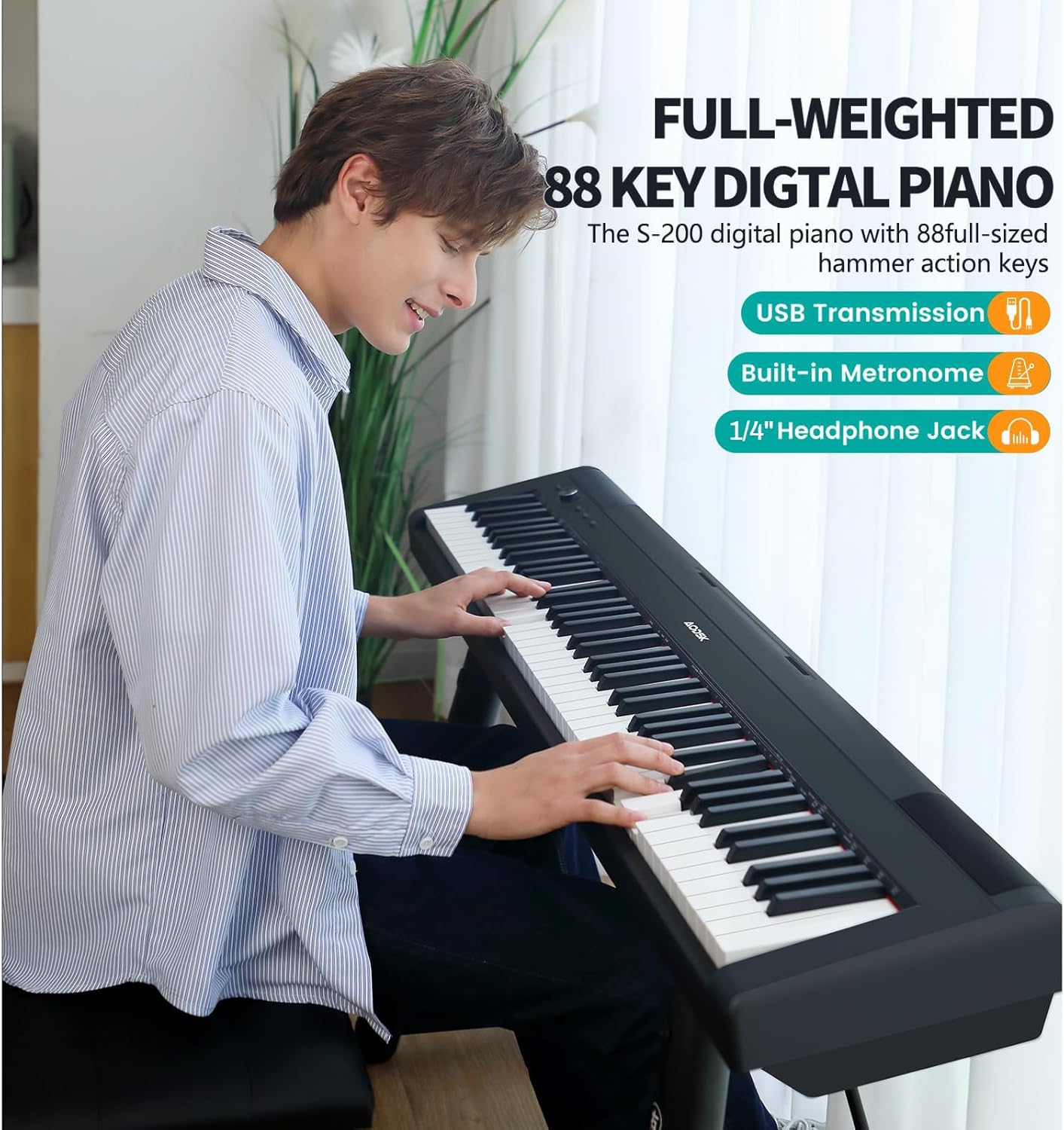 AODSK S-200 88-Key Weighted Digital Piano, Hammer Action, Black, with Sustain Pedal & Stereo Speakers, USB Connectivity, Portable for All Skill Levels