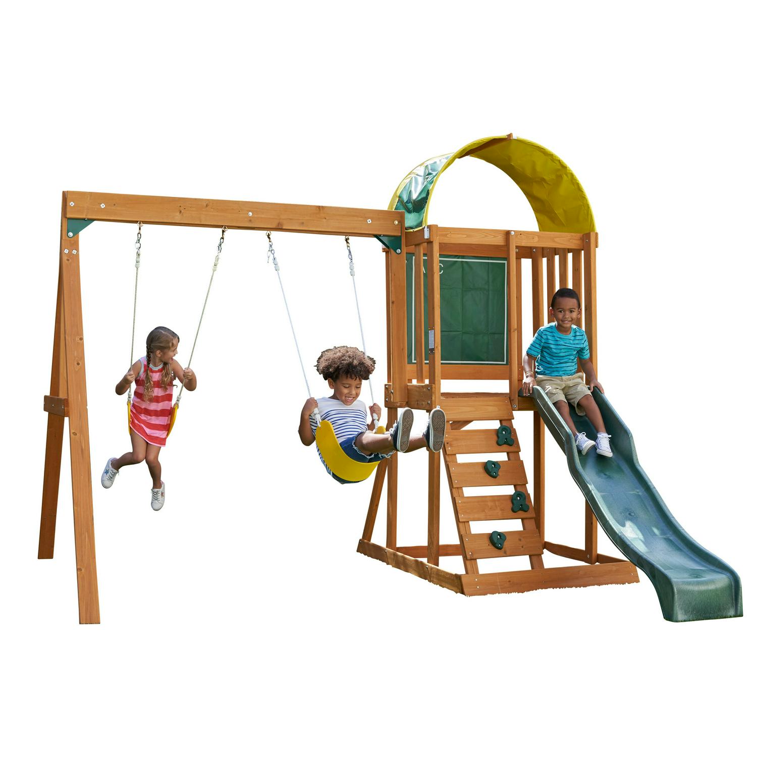 KidKraft Ainsley Wooden Outdoor Swing Set with Slide, Rock Wall & Chalk Wall – Ages 3-7