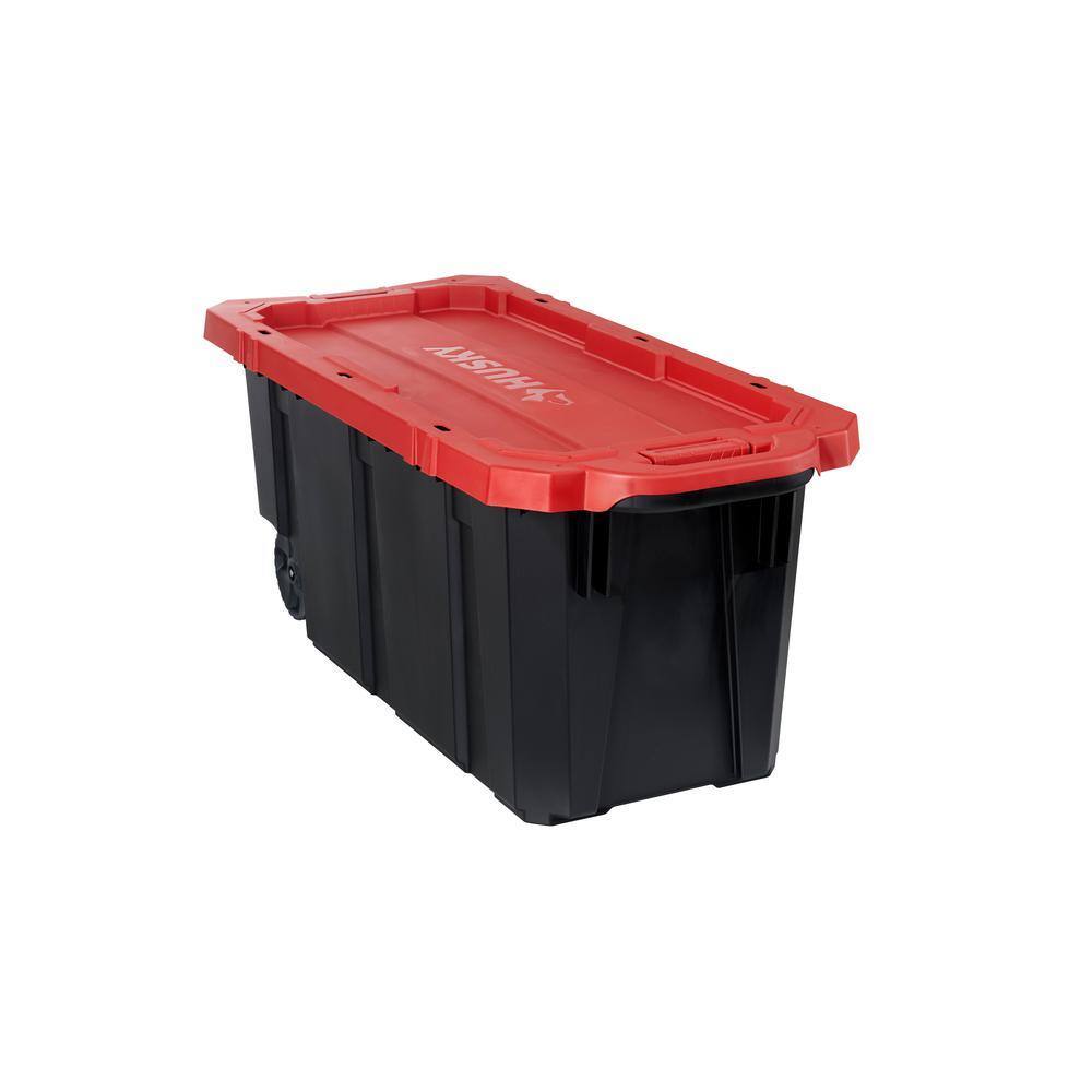 Husky 45 Gal. Heavy Duty Stackable Storage Tote with Wheels, Black/Red Lid