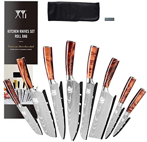 XYJ Stainless Steel 8-Piece Kitchen Knife Set with Ergonomic Handles, Sheaths & Carry Case