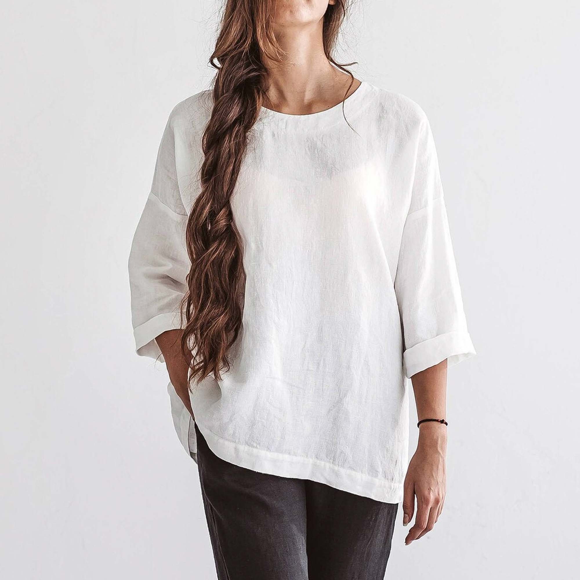 White Oversize Linen Top WD8