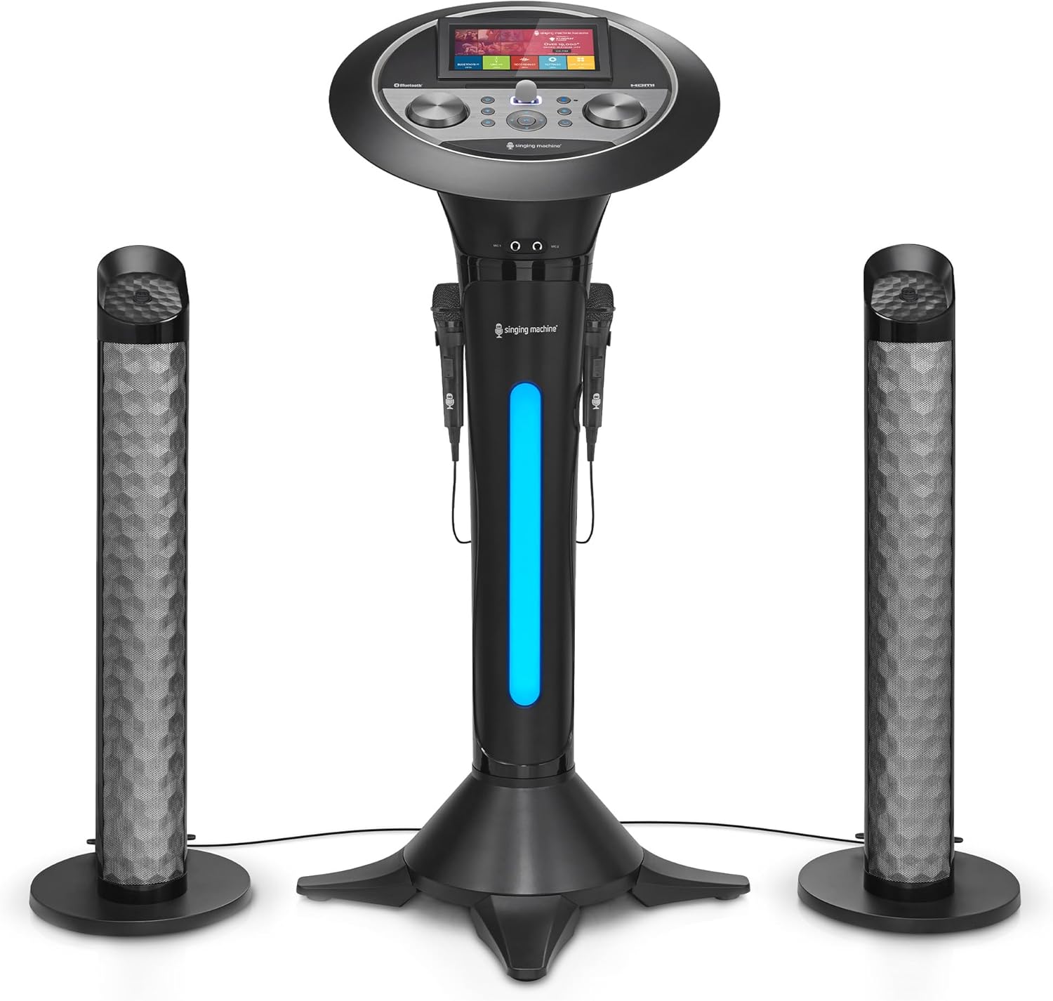 Singsation Portable WiFi Karaoke Machine for Adults – Black Pedestal with 7” Touchscreen, Built-In Speaker, Bluetooth, Recorder & 2 Wired Microphones