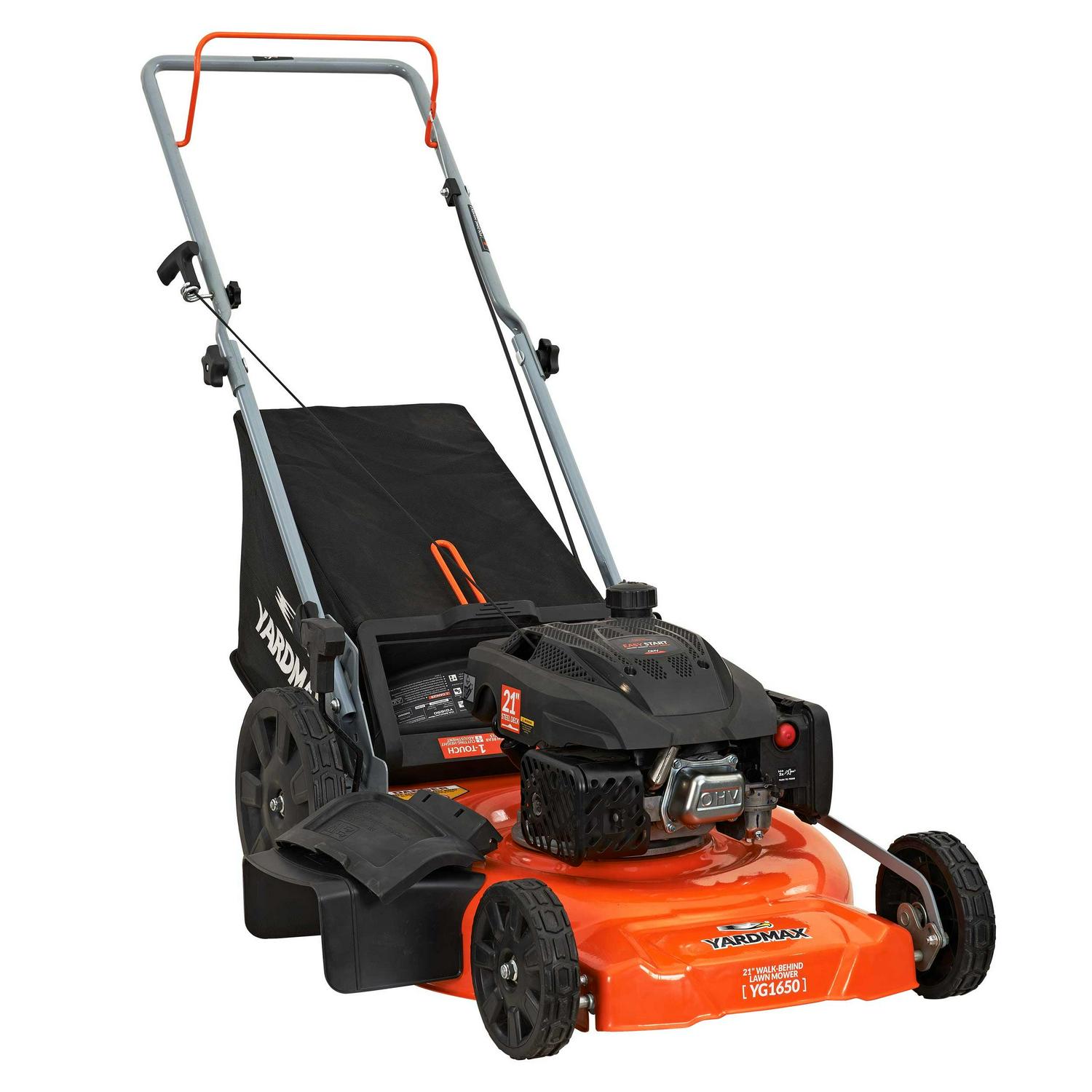 YARDMAX 21′′ 170cc Gas Push Lawn Mower, 3-in-1, High Rear Wheels, Adjustable Heights