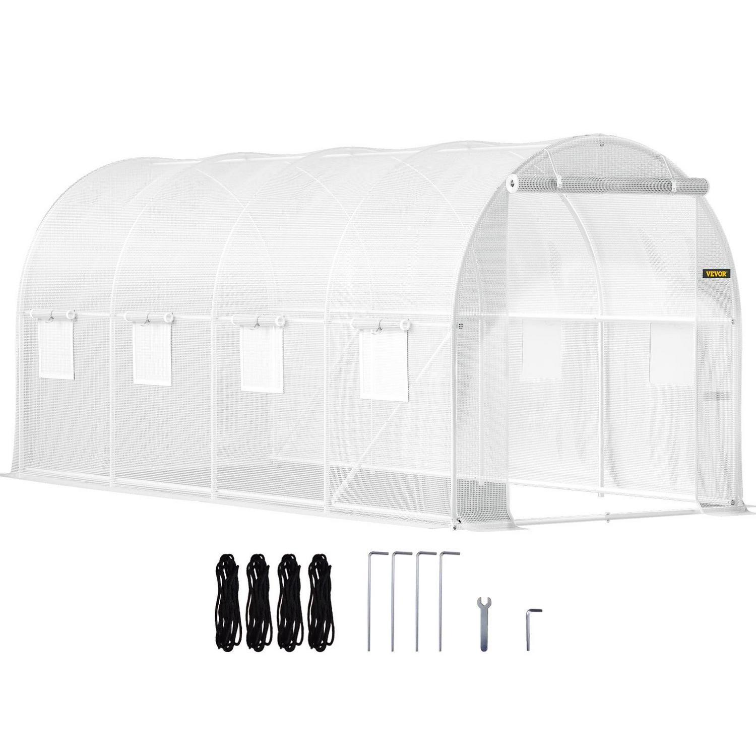 VEVORbrand 15x7x7 ft Walk-in Tunnel Greenhouse, Portable Plant House, Galvanized Steel Frame, Zippered Door, 8 Roll-up Windows, White