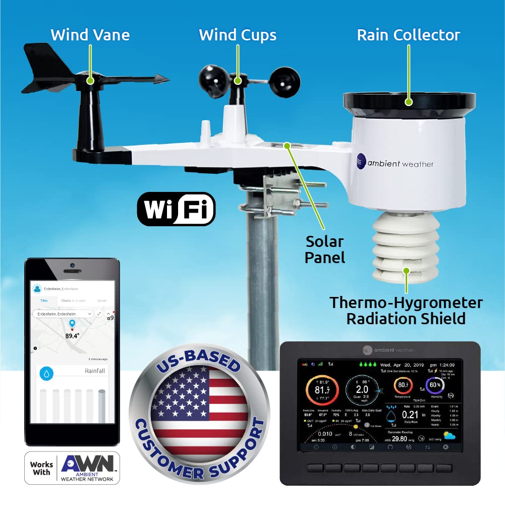 Ambient Weather WS-2000 Smart Weather Station, WiFi Remote Monitoring, Solar Powered, Alarm, Advanced Console