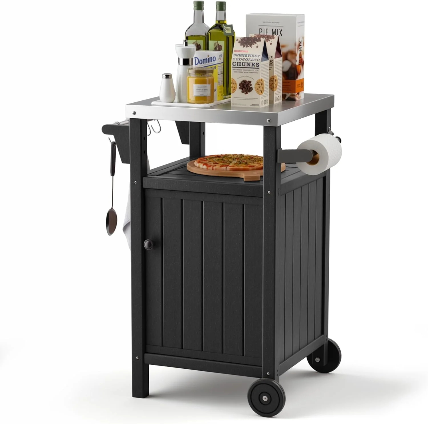 Portable Outdoor Grill Prep Table with Storage, Waterproof Grill Cabinet, Stainless-Steel Tabletop Kitchen Island, BBQ Cart with Wheels and Hooks | Brown