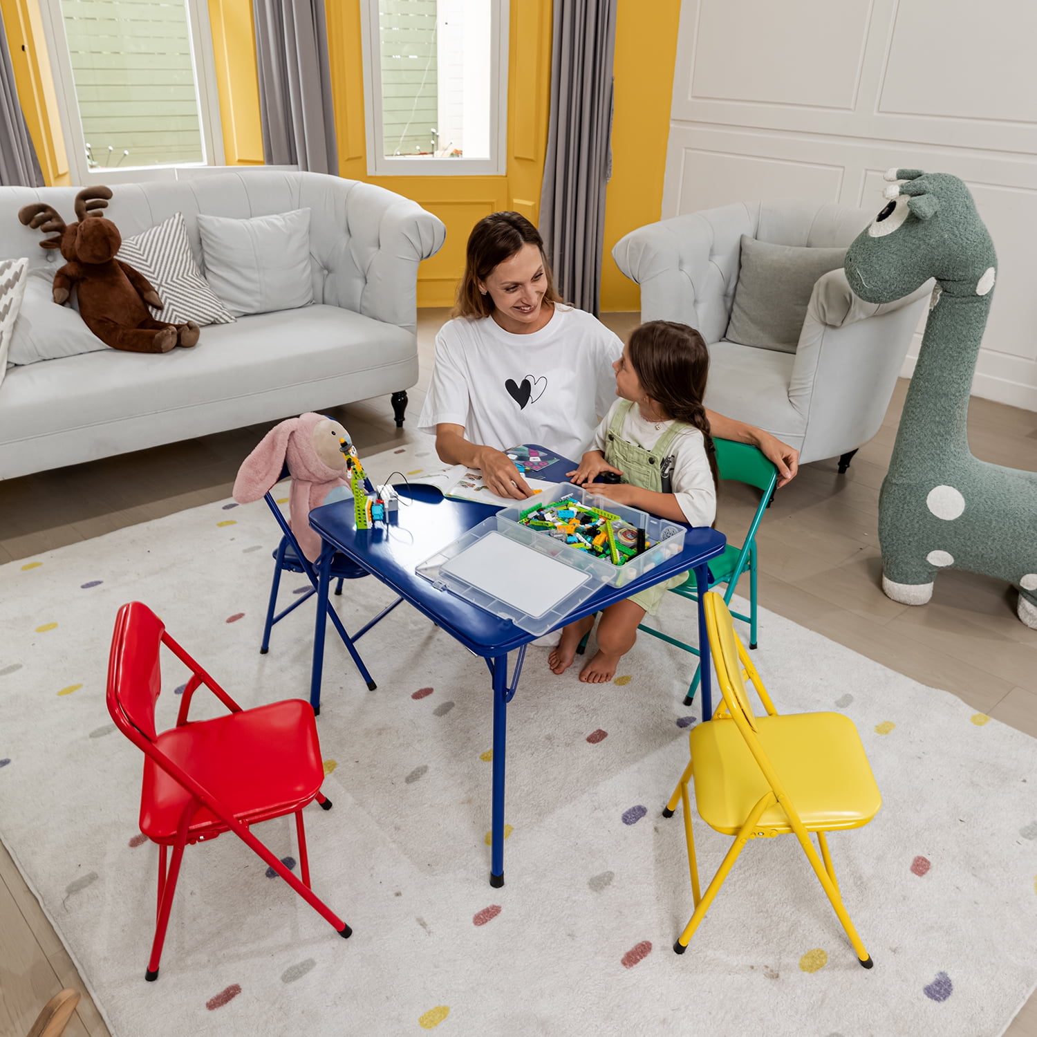 Homy Casa Kids Folding Table & 4 Chairs Set, Multicolor, Sturdy & Compact for Playroom/Daycare