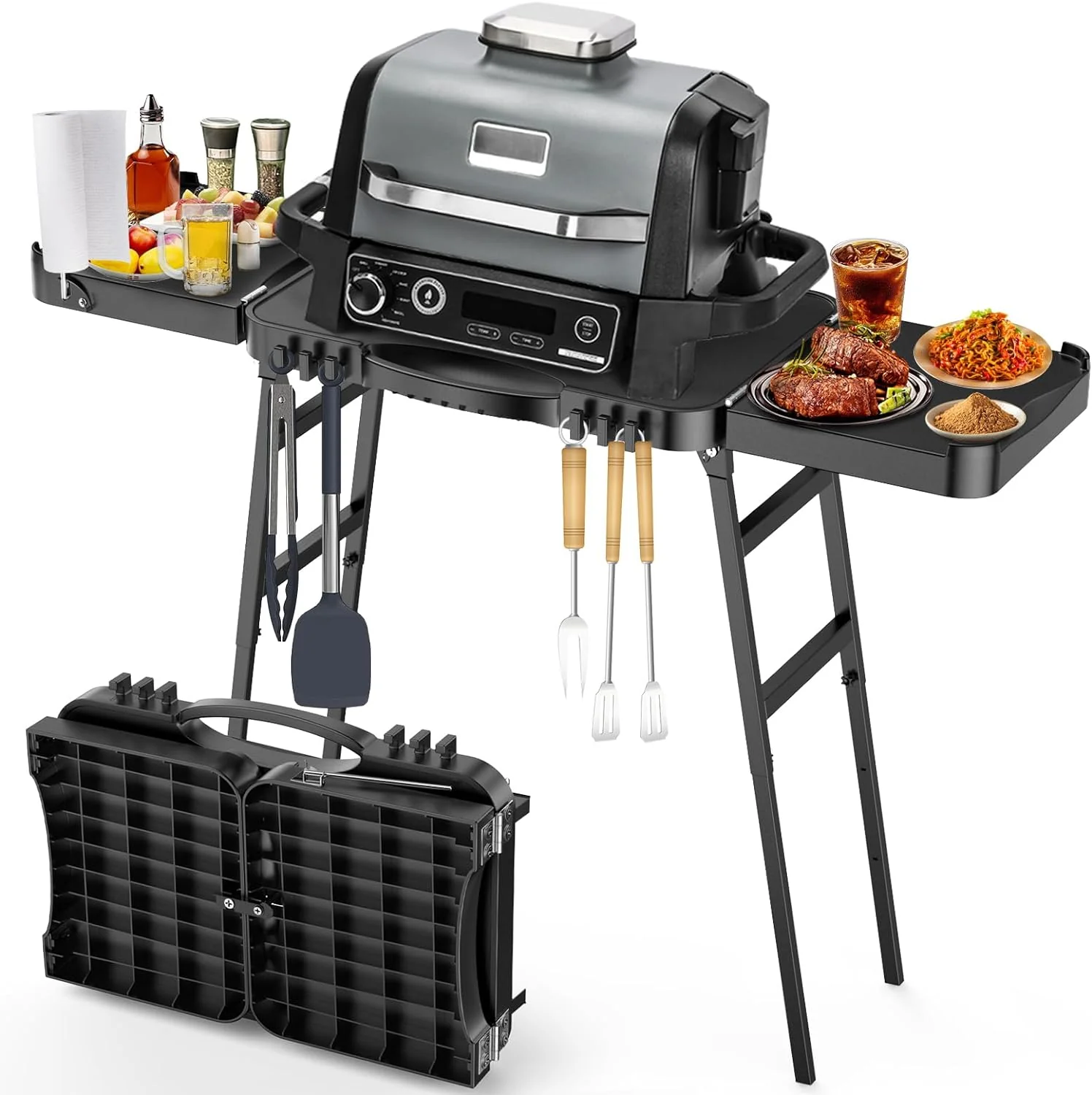 BBQMall Outdoor Grill/Griddle Cart – Portable Folding Stand with Adjustable Legs, 2-Wheel Design, High-Quality Steel Frame, Black
